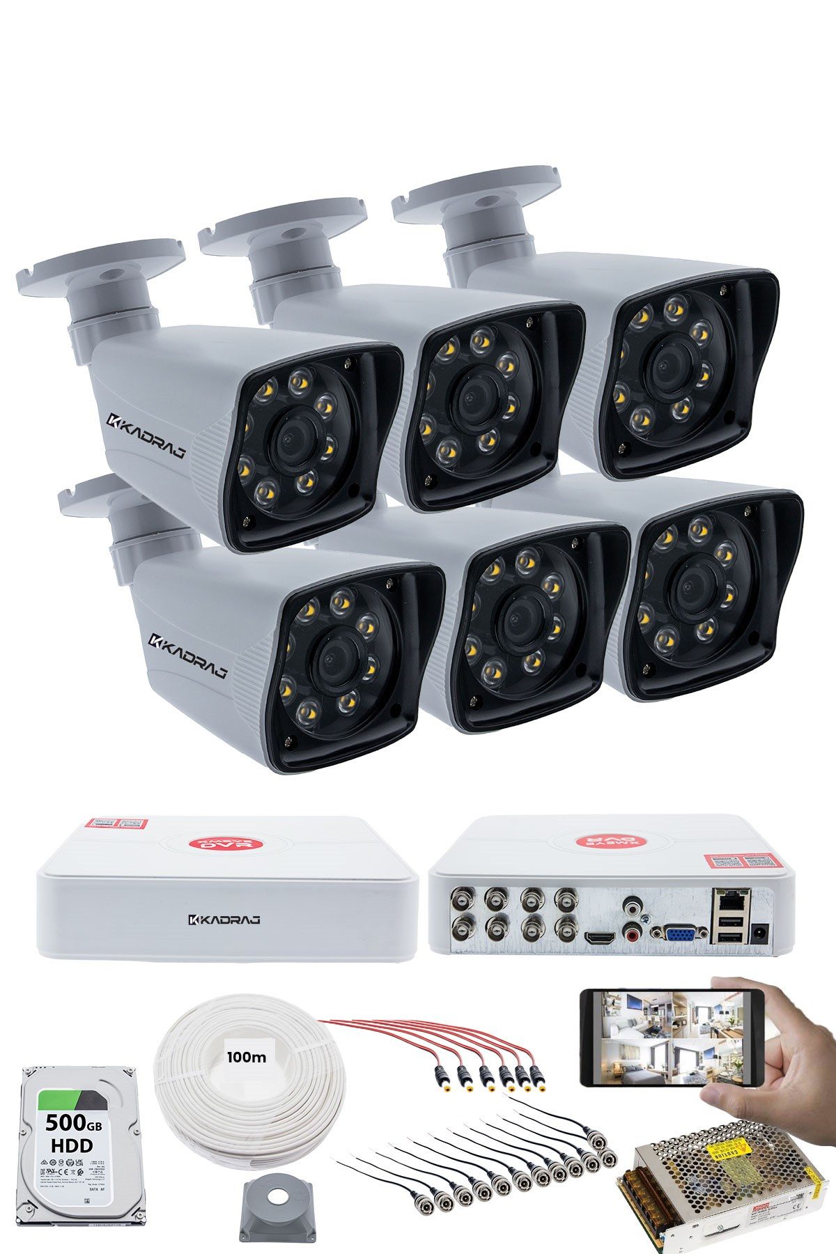 Kadraj 6'LI GÜVENLİK KAMERASI SETİ - 5MP Sony SecuLensli 1080p Full HD AHD, 8 Ultra Warm LED, Gece Renkli, V1