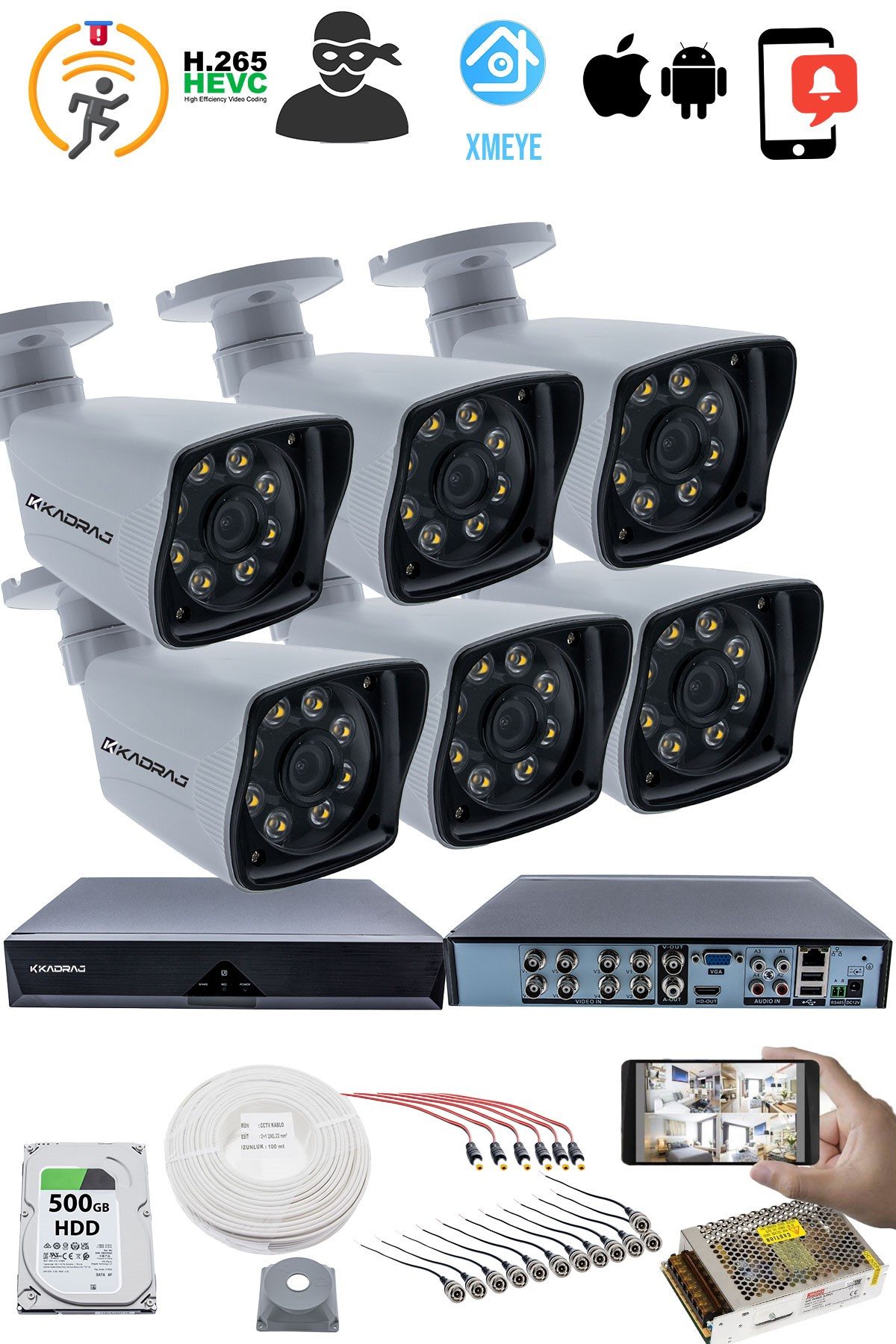 Kadraj 6'LI GÜVENLİK KAMERASI SETİ - 5MP Sony SecuLensli 1080p Full HD AHD, 8 Ultra Warm LED, Gece Renkli, Plastik Kasa - görsel 2