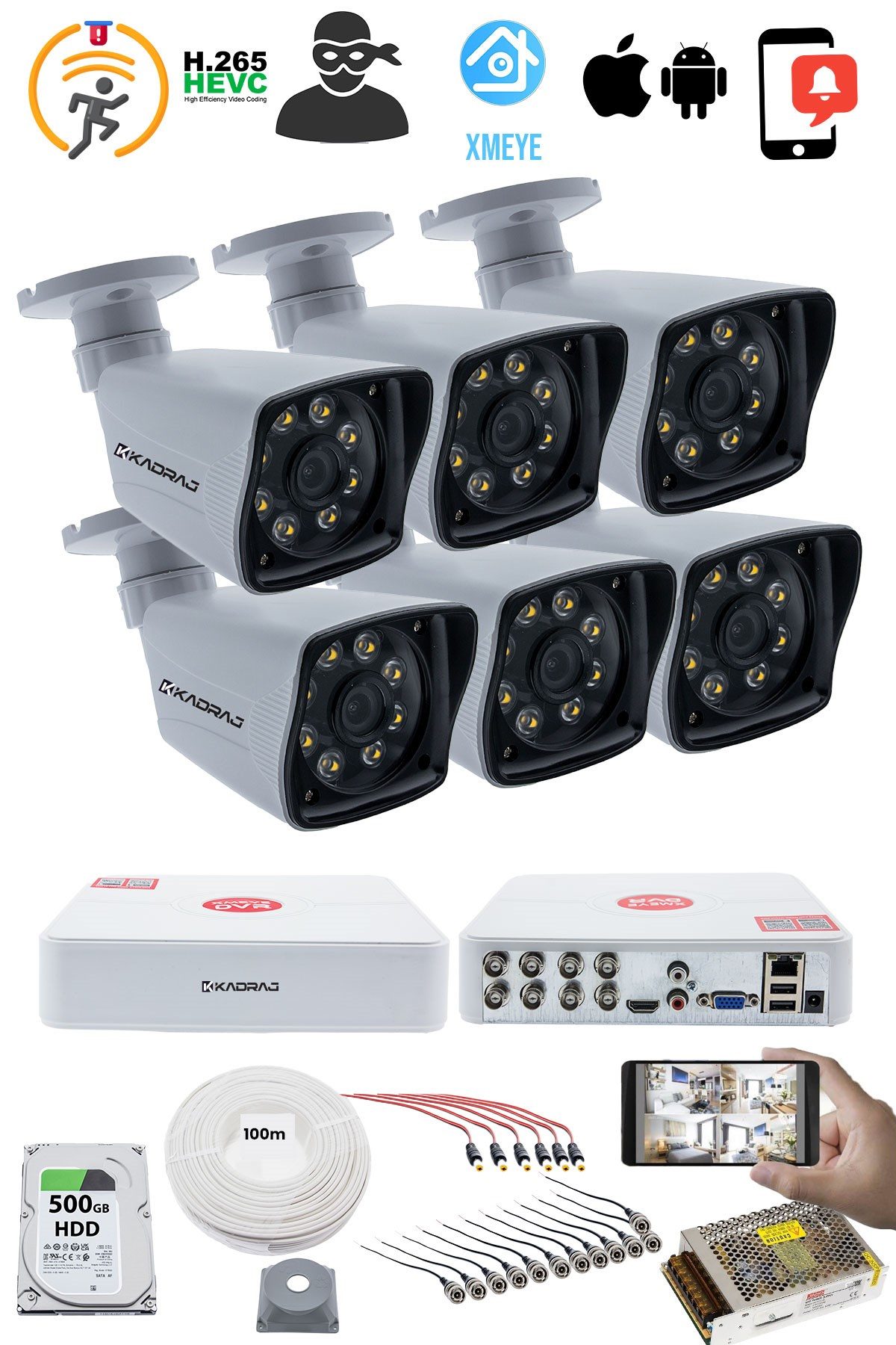 Kadraj 6'LI GÜVENLİK KAMERASI SETİ - 5MP Sony SecuLensli 1080p Full HD AHD, 8 Ultra Warm LED, Gece Renkli, V1 - görsel 2