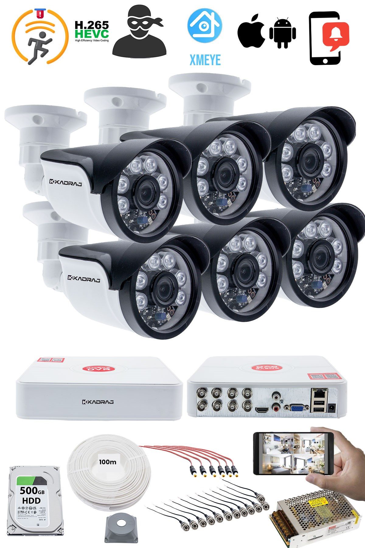 Kadraj 6'lı Kamera Seti 5MP Sony SecuLensli 1080p, 6 Atom LED, Full HD AHD Güvenlik Kamerası Seti , Gece Görüşlü, IP66 , V1 - görsel 2