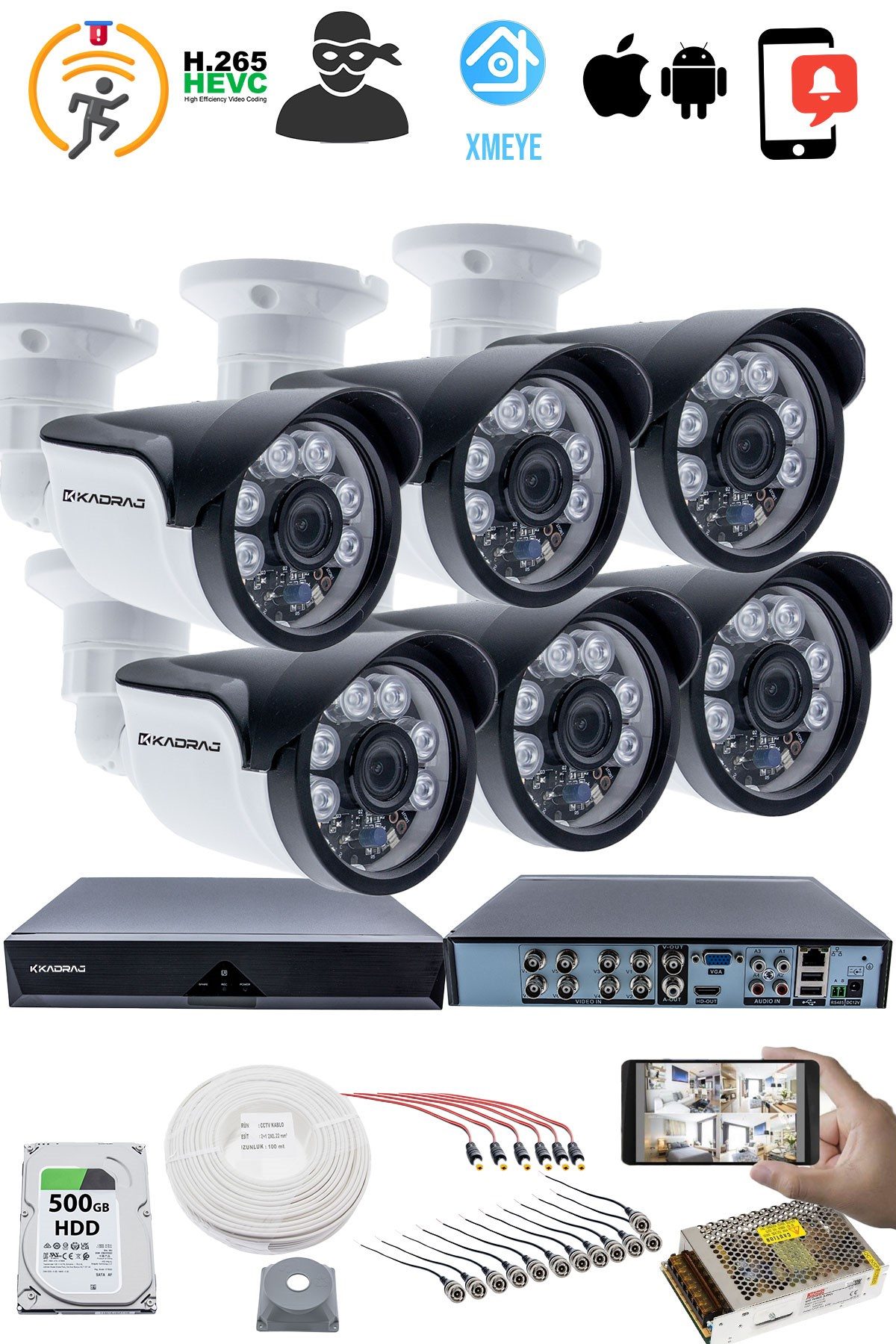Kadraj 6'lı Kamera Seti 5MP Sony SecuLensli 1080p, 6 Atom LED, Full HD AHD Güvenlik Kamerası Seti , Gece Görüşlü, IP66 Plastik Kasa - görsel 2