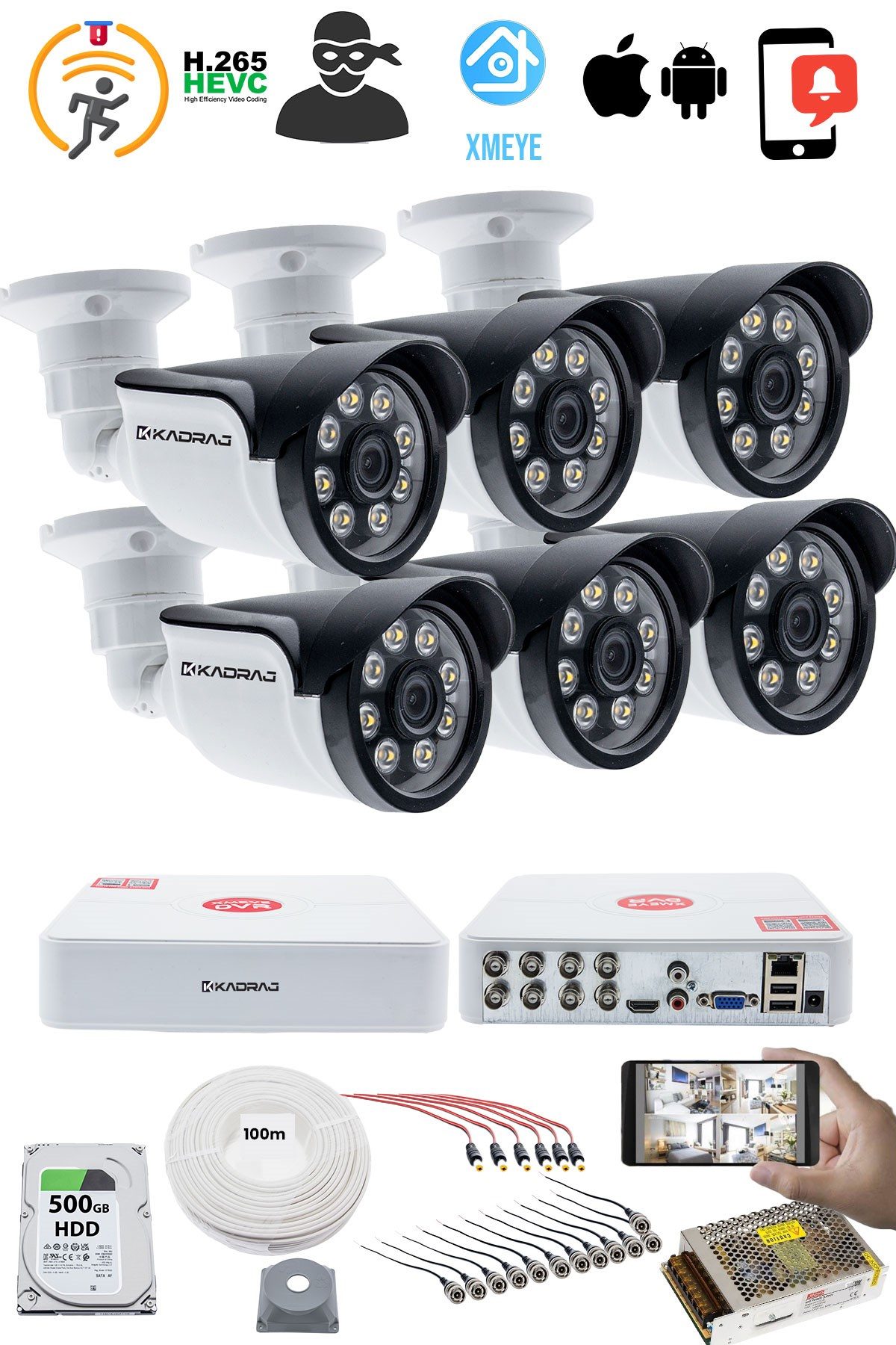 Kadraj 6'LI KAMERALI GÜVENLİK KAMERASI SETİ - 5MP Sony SecuLensli 1080p AHD, 8 Warm LED, Colorvu Gece Renkli Görüş, V1 - görsel 2