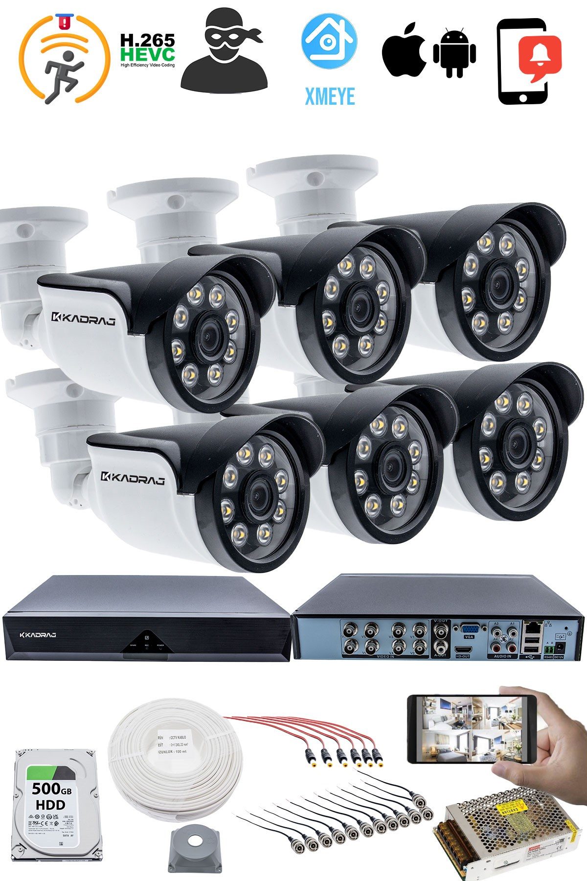 Kadraj 6'LI KAMERALI GÜVENLİK KAMERASI SETİ - 5MP Sony SecuLensli 1080p AHD, 8 Warm LED, Colorvu Gece Renkli Görüş - görsel 2