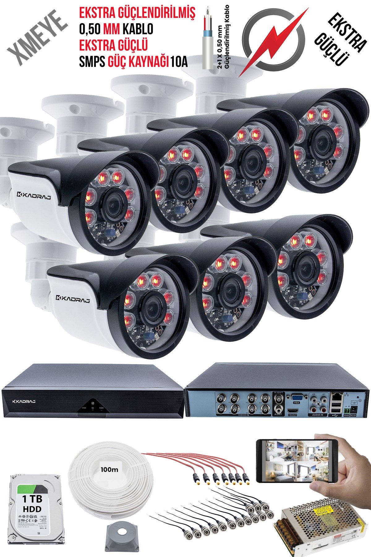 Kadraj 7 Kameralı Güvenlik Kamera Seti - Ekstra Uzun Mesafeli Güçlü, 5MP Sony Lens, 70m Dayanıklı Kablolama, 6 Atom LED, 1TB H.D.D
