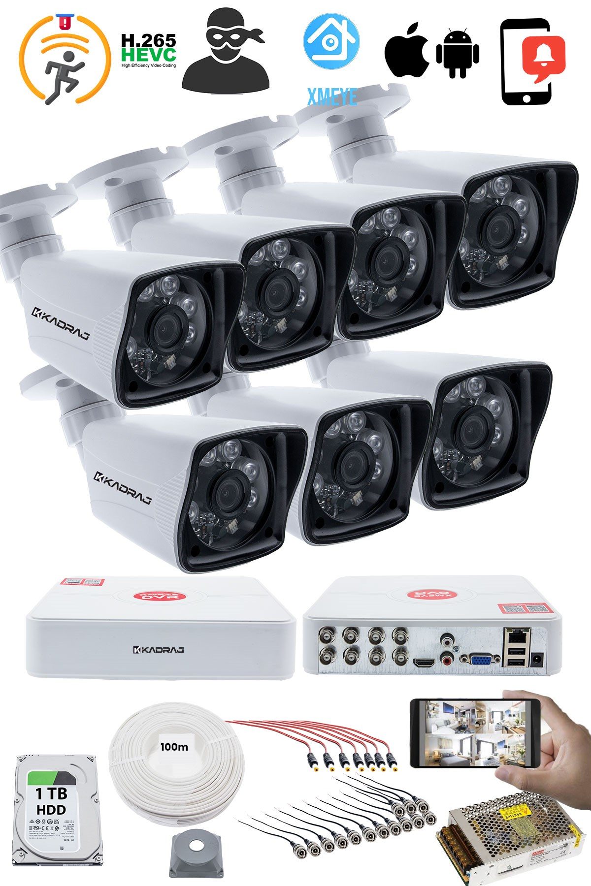 Kadraj 7 KAMERALI GÜVENLİK KAMERASI SETİ - 5MP Sony SecuLensli 1080P Full HD AHD, 6 Atom LED, Gece Görüşlü, IP66 Su Geçirmez, V1 - görsel 2