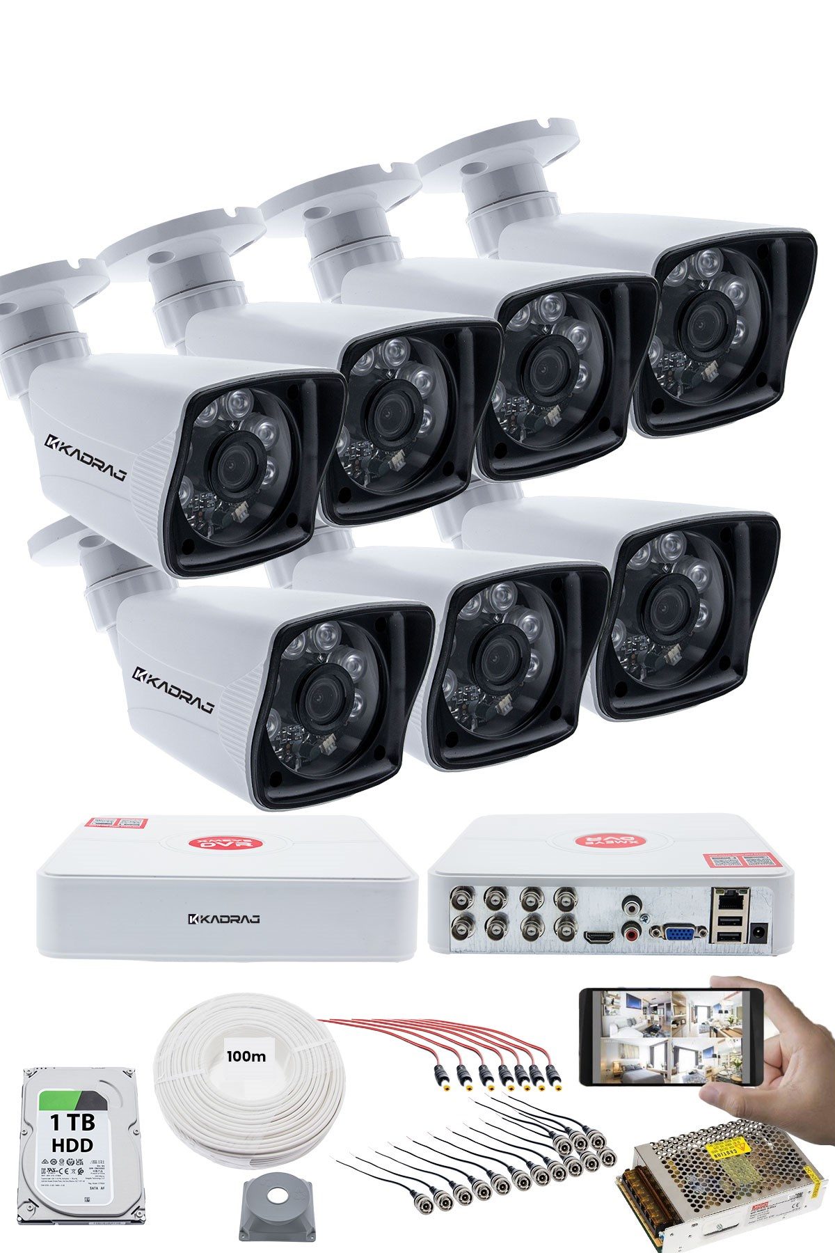 Kadraj 7 KAMERALI GÜVENLİK KAMERASI SETİ - 5MP Sony SecuLensli 1080P Full HD AHD, 6 Atom LED, Gece Görüşlü, IP66 Su Geçirmez, V1