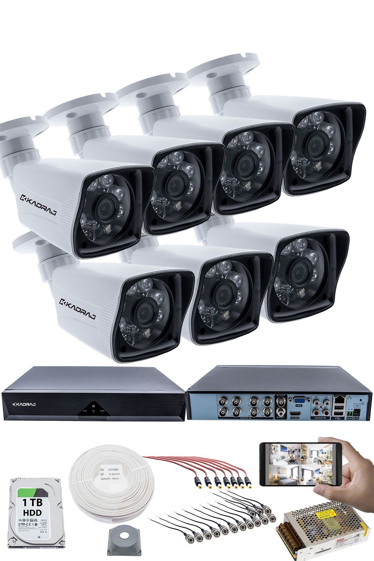 Kadraj 7 KAMERALI GÜVENLİK KAMERASI SETİ - 5MP Sony SecuLensli 1080P Full HD AHD, 6 Atom LED, Gece Görüşlü, IP66 Su Geçirmez, Plastik Kasa