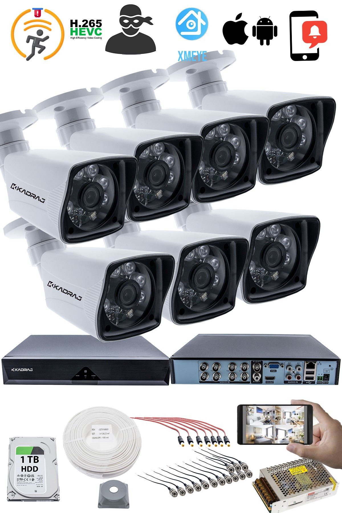 Kadraj 7 KAMERALI GÜVENLİK KAMERASI SETİ - 5MP Sony SecuLensli 1080P Full HD AHD, 6 Atom LED, Gece Görüşlü, IP66 Su Geçirmez, Plastik Kasa - görsel 2