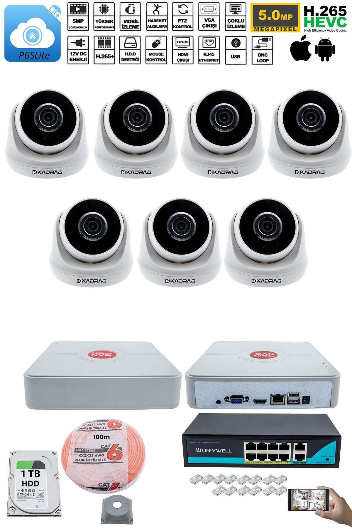 Kadraj 7 Kameralı IP Dome Güvenlik Kamerası Seti | 4MP Ultra HD, 30m Gece Görüş, Ses Alma, Uzaktan İzleme - görsel 2