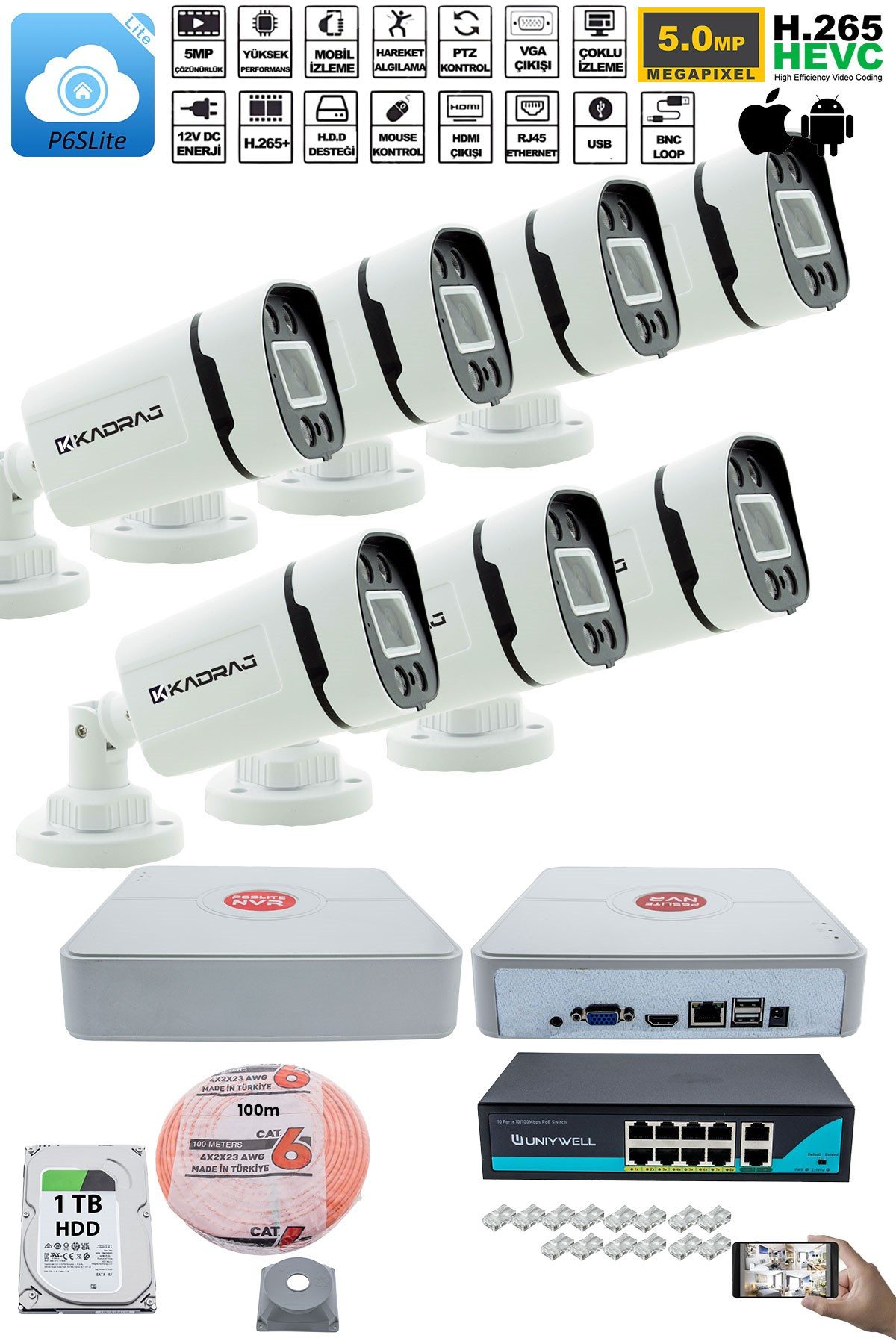 Kadraj 7'li Güvenlik IP Kamera Seti - 4MP Dış Mekan Kamera, 3.6mm Lens, H.265, PoE, Warm IR Gece Görüşü, 9 Kanal NVR, 8 Port PoE Switch, 1TB HDD ve 100 Metre - görsel 2