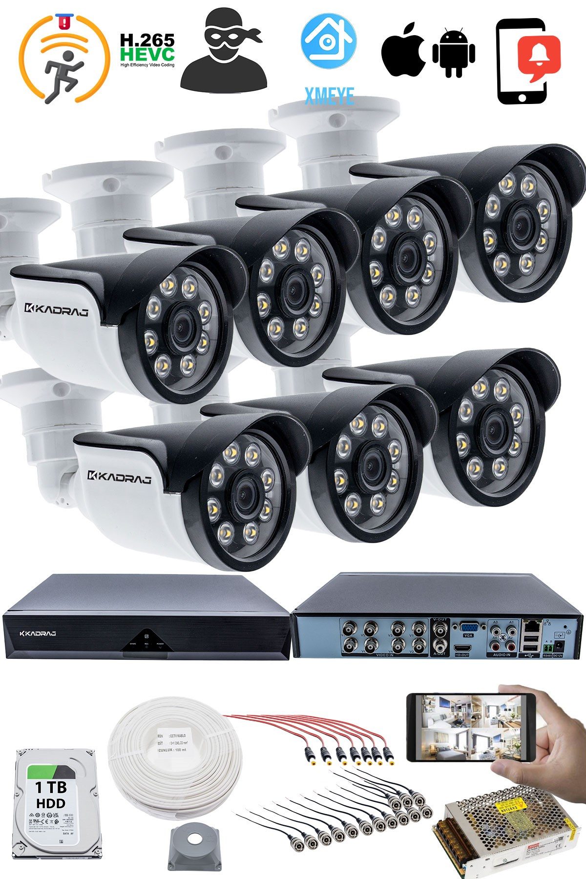 Kadraj 7'LI GÜVENLİK KAMERASI SETİ - 5MP Sony SecuLensli 1080p AHD, 8 Warm LED, Colorvu Gece Renkli Görüş, 1TB Disk - görsel 2