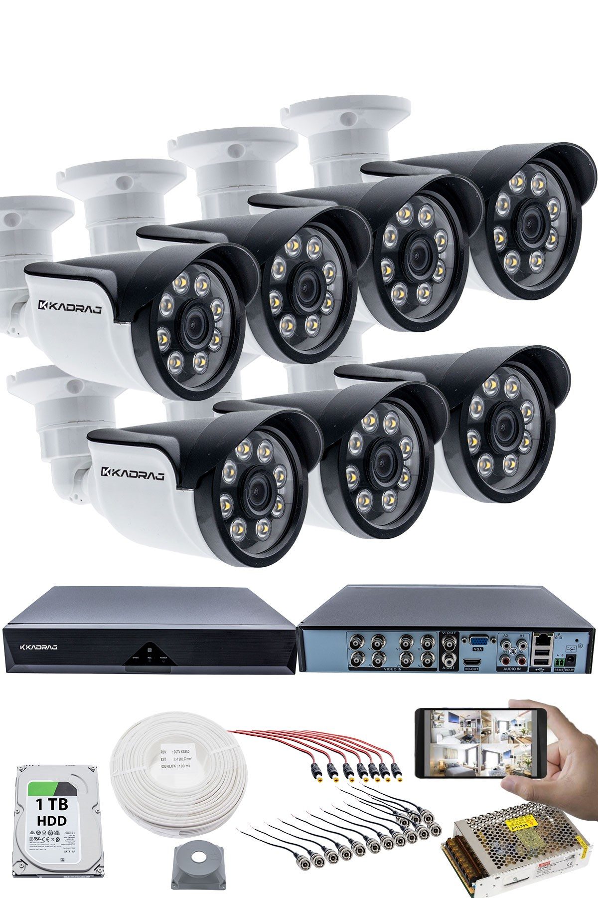 Kadraj 7'LI GÜVENLİK KAMERASI SETİ - 5MP Sony SecuLensli 1080p AHD, 8 Warm LED, Colorvu Gece Renkli Görüş, 1TB Disk