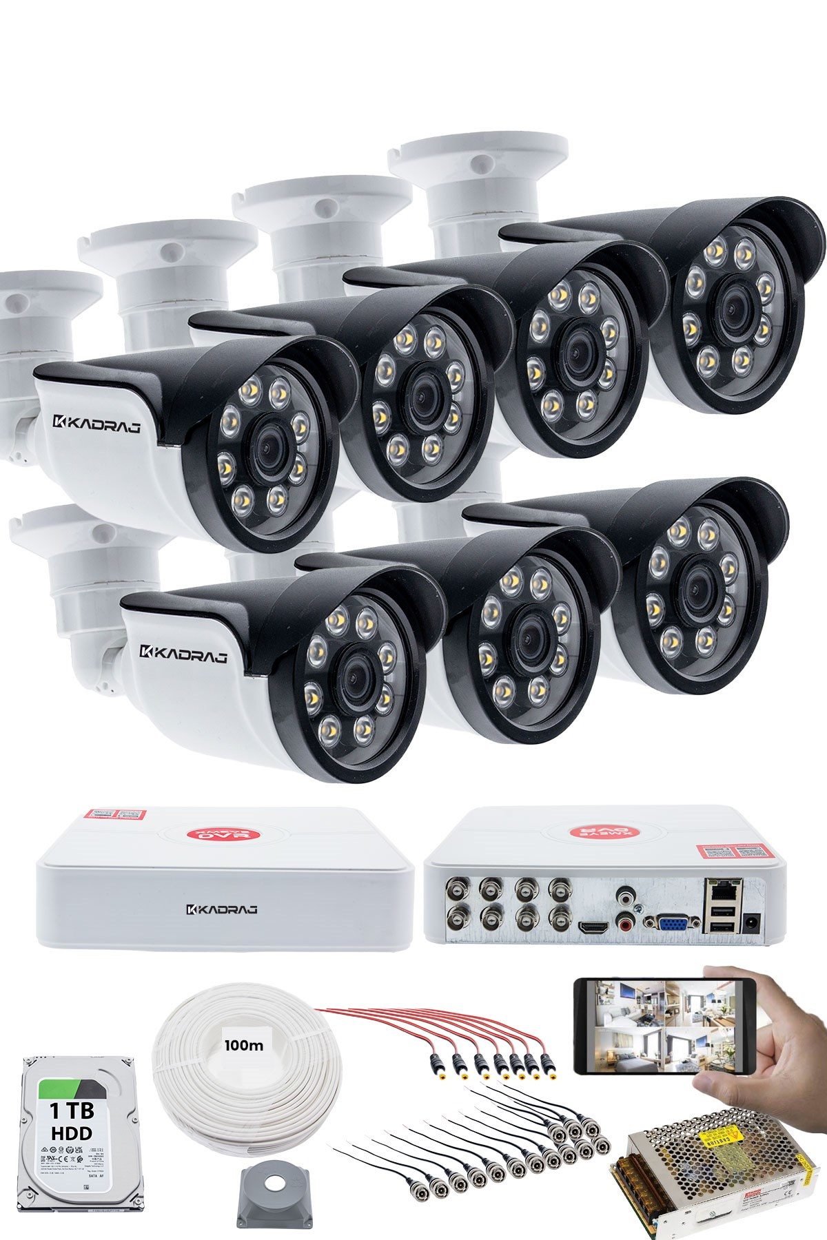 Kadraj 7'LI GÜVENLİK KAMERASI SETİ - 5MP Sony SecuLensli 1080p AHD, 8 Warm LED, Colorvu Gece Renkli Görüş, 1TB Disk,V1