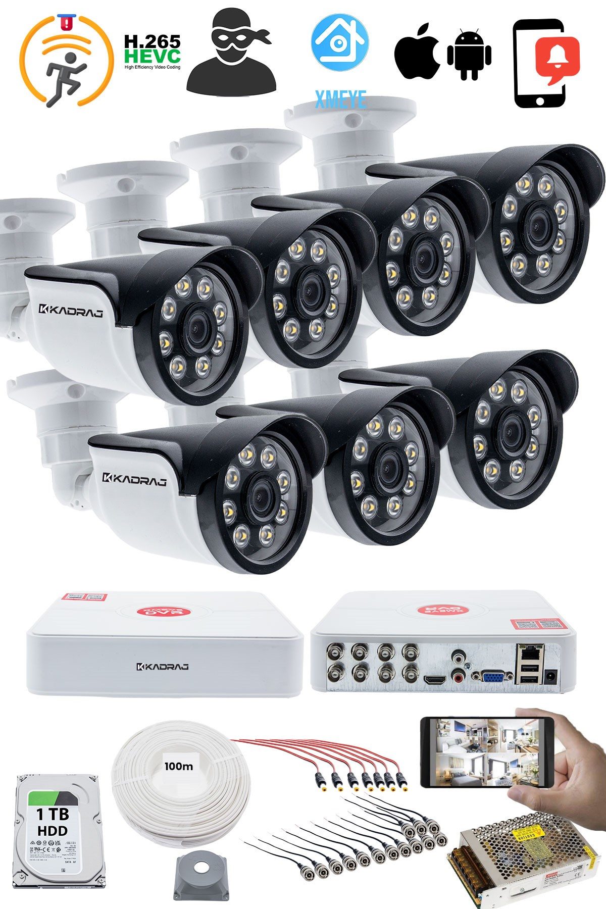 Kadraj 7'LI GÜVENLİK KAMERASI SETİ - 5MP Sony SecuLensli 1080p AHD, 8 Warm LED, Colorvu Gece Renkli Görüş, 1TB Disk,V1 - görsel 2