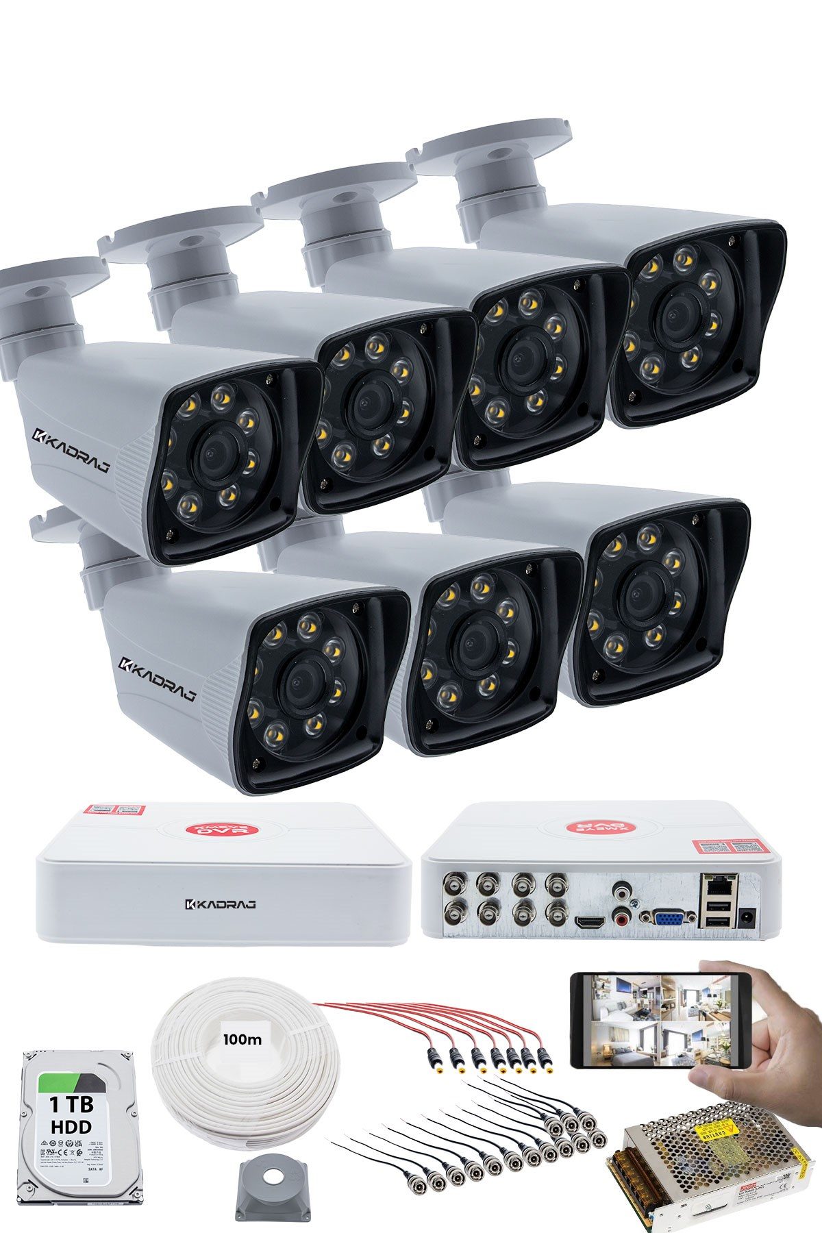 Kadraj 7'LI GÜVENLİK KAMERASI SETİ - 5MP Sony SecuLensli 1080p Full HD AHD, 8 Ultra Warm LED, Gece Renkli , V1