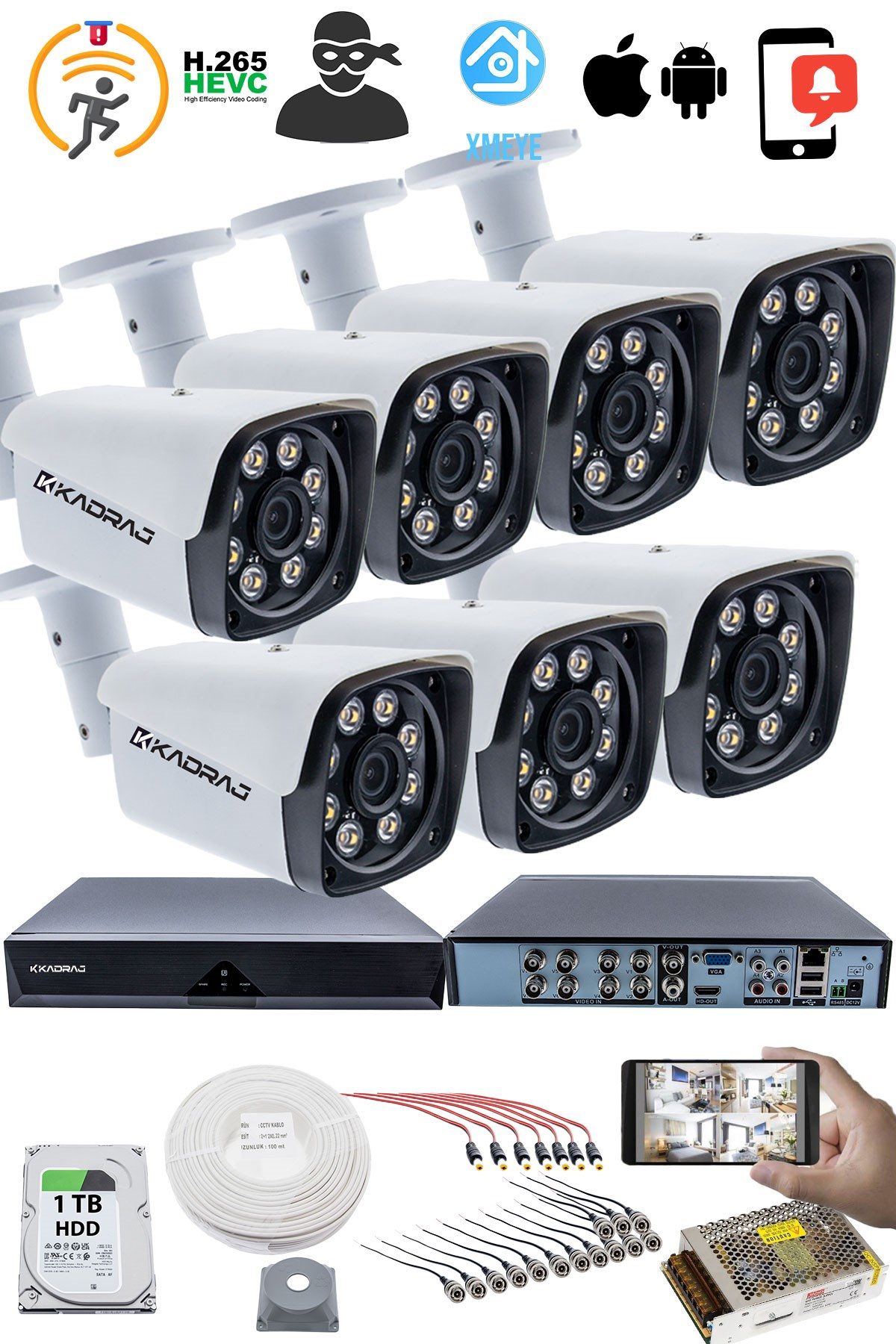 Kadraj 7'LI GÜVENLİK KAMERASI SETİ - 5MP Sony SecuLensli 1080P Full HD AHD, 8 Ultra Warm LED, Gece Renkli Görüşlü, Colorvu Teknolojisi, Metal Aluminyum Kasa - görsel 2