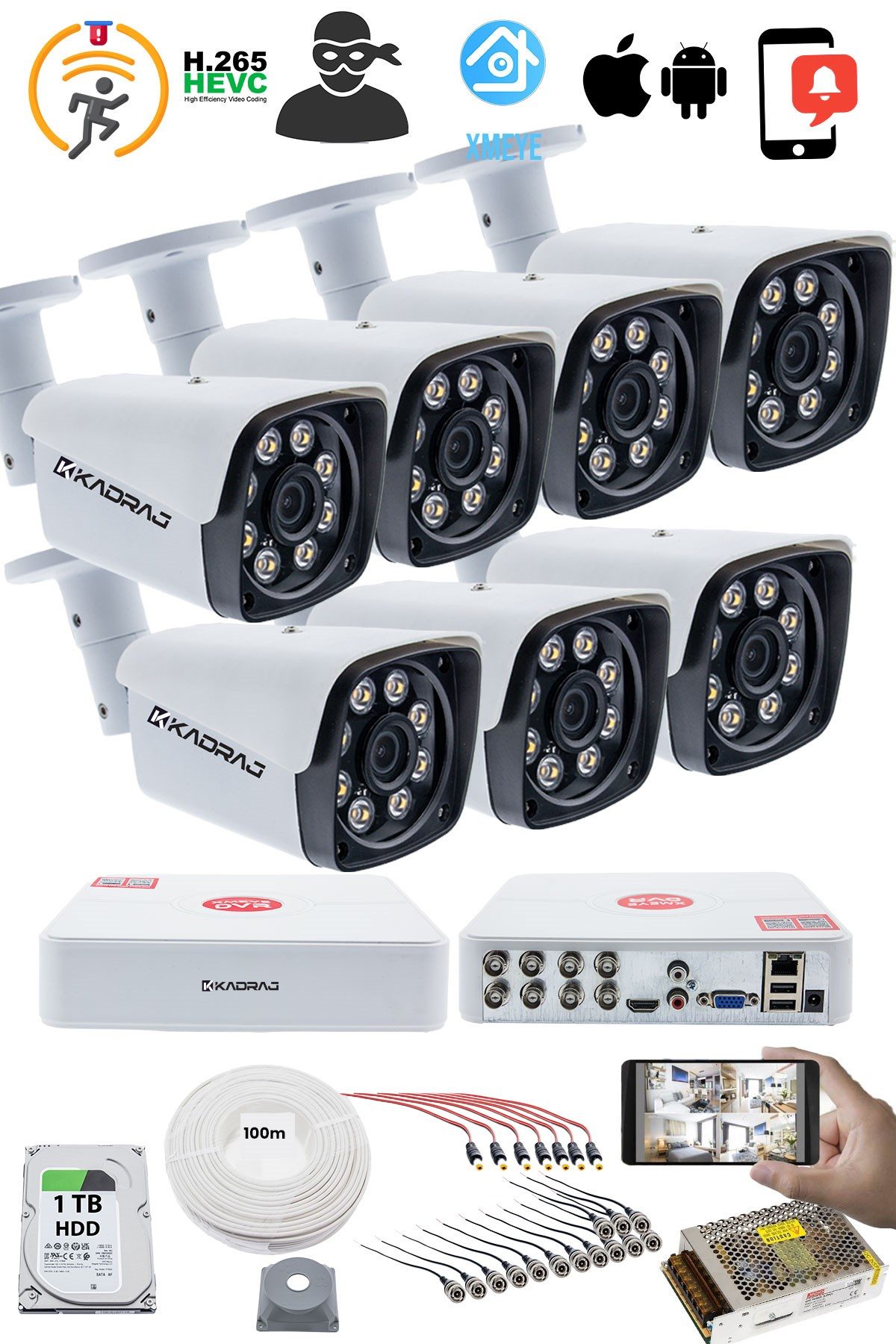 Kadraj 7'LI GÜVENLİK KAMERASI SETİ - 5MP Sony SecuLensli 1080P Full HD AHD, 8 Ultra Warm LED, Gece Renkli Görüşlü, Colorvu Teknolojisi, Metal Kasa , V1 - görsel 2