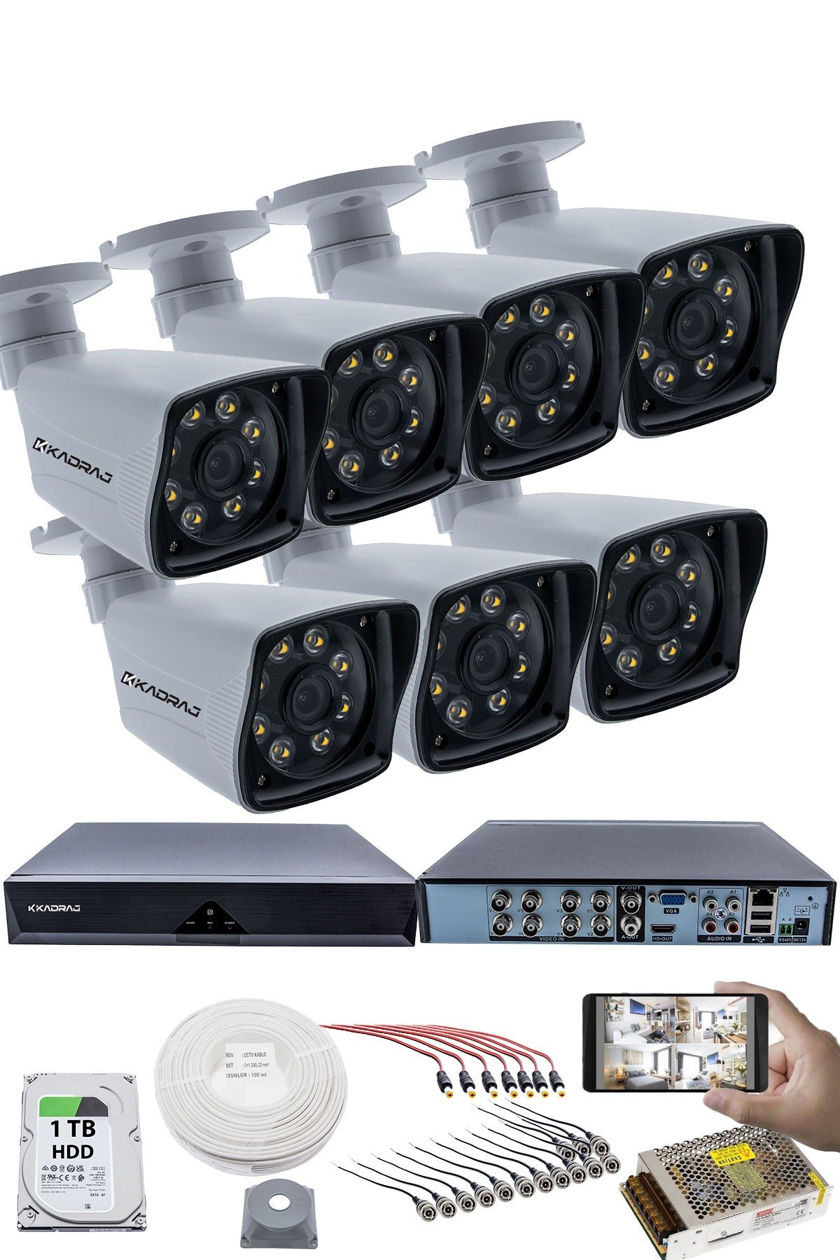 Kadraj 7'LI GÜVENLİK KAMERASI SETİ - 5MP Sony SecuLensli 1080p Full HD AHD, 8 Ultra Warm LED, Gece Renkli , Plastik Kasa