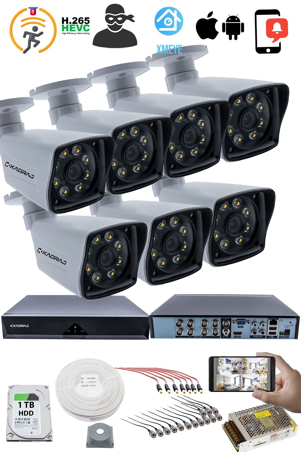 Kadraj 7'LI GÜVENLİK KAMERASI SETİ - 5MP Sony SecuLensli 1080p Full HD AHD, 8 Ultra Warm LED, Gece Renkli , Plastik Kasa - görsel 2