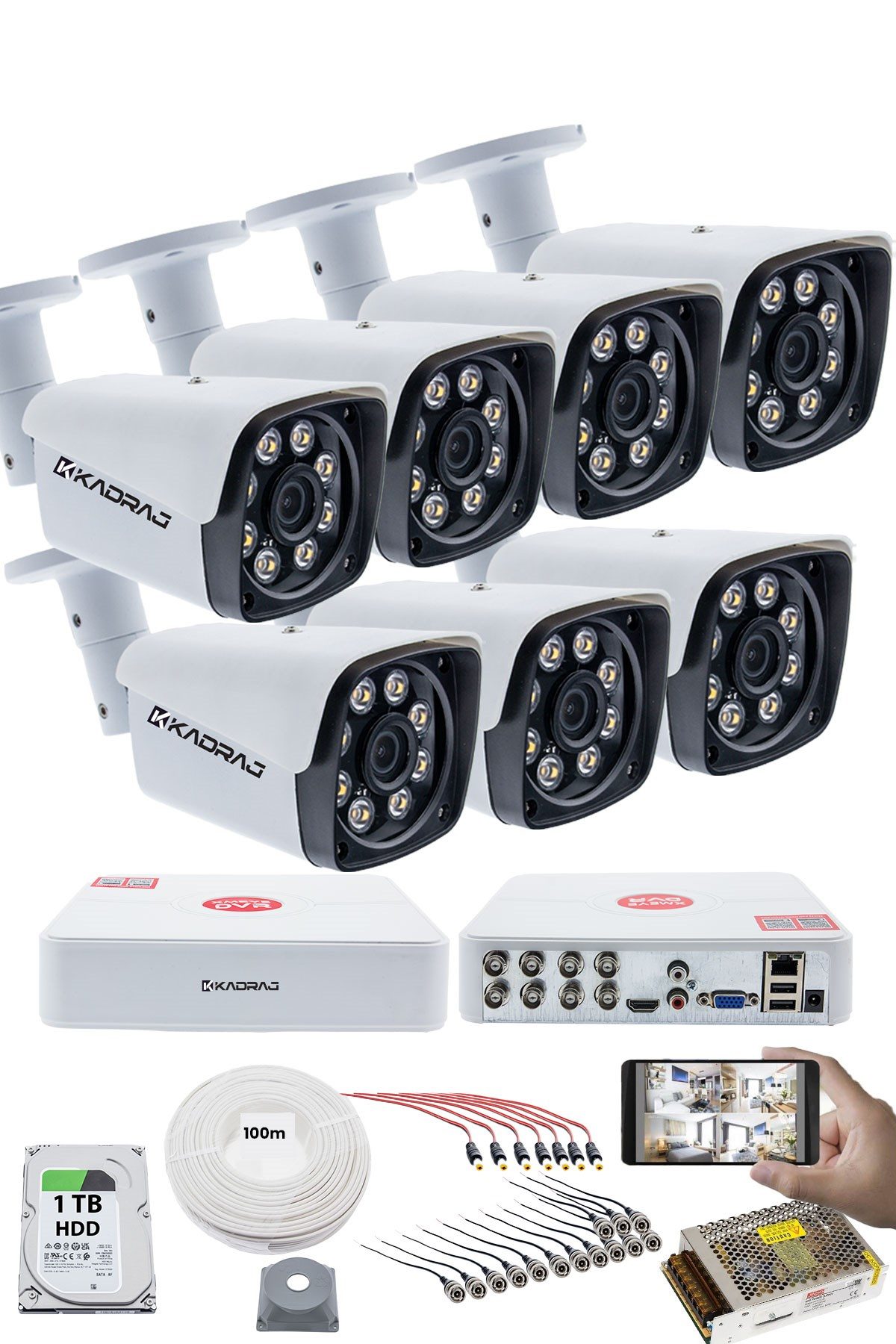 Kadraj 7'LI GÜVENLİK KAMERASI SETİ - 5MP Sony SecuLensli 1080P Full HD AHD, 8 Ultra Warm LED, Gece Renkli Görüşlü, Colorvu Teknolojisi, Metal Kasa , V1