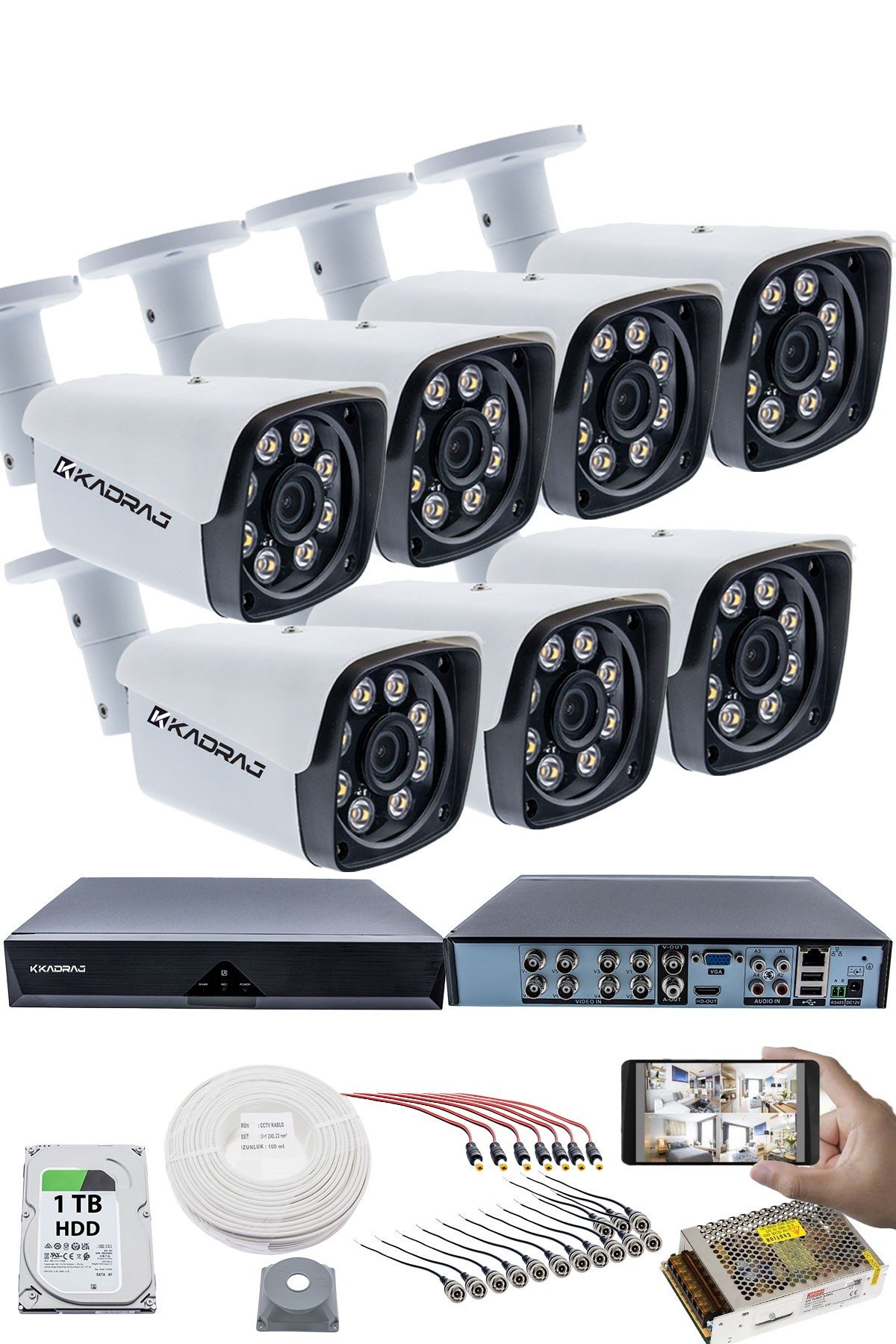 Kadraj 7'LI GÜVENLİK KAMERASI SETİ - 5MP Sony SecuLensli 1080P Full HD AHD, 8 Ultra Warm LED, Gece Renkli Görüşlü, Colorvu Teknolojisi, Metal Aluminyum Kasa