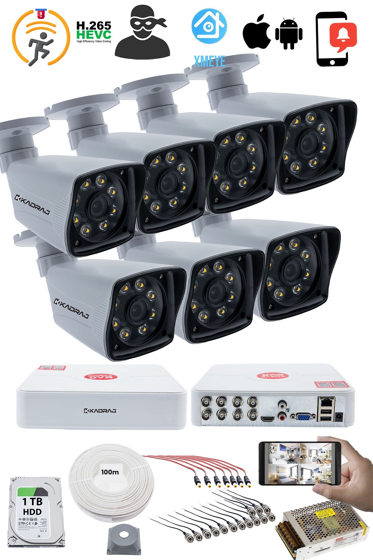 Kadraj 7'LI GÜVENLİK KAMERASI SETİ - 5MP Sony SecuLensli 1080p Full HD AHD, 8 Ultra Warm LED, Gece Renkli , V1 - görsel 2