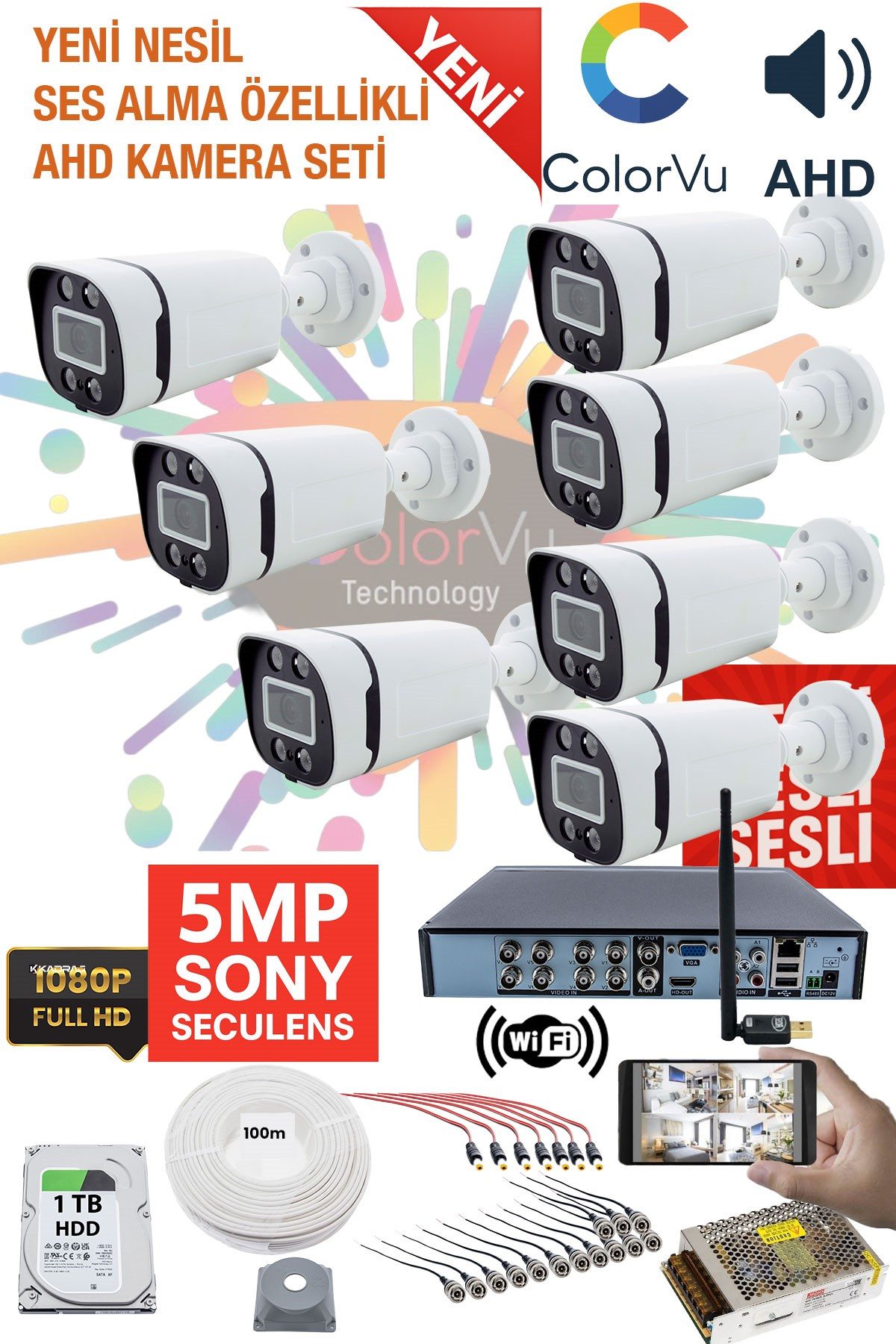 Kadraj 7'LI KAMERA SESLİ KAMERA SETİ - 5MP Sony SecuLensli 1080P, 4 Warm LED,Gece Renkli, Full HD AHD Güvenlik Kamerası Seti, ColorVu, Plastik Kasa