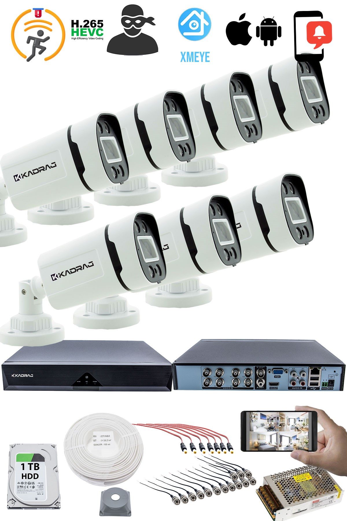Kadraj 7'LI KAMERA SETİ - 5MP Sony SecuLensli 1080P, 4 Warm LED,Gece Renkli, Full HD AHD Güvenlik Kamerası Seti, ColorVu, Plastik Kasa - görsel 2