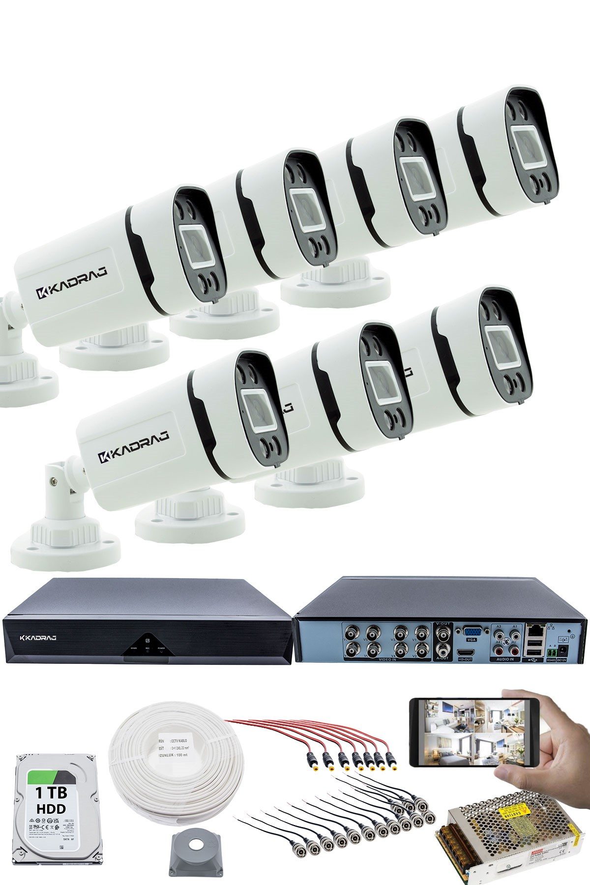Kadraj 7'LI KAMERA SETİ - 5MP Sony SecuLensli 1080P, 4 Warm LED,Gece Renkli, Full HD AHD Güvenlik Kamerası Seti, ColorVu, Plastik Kasa
