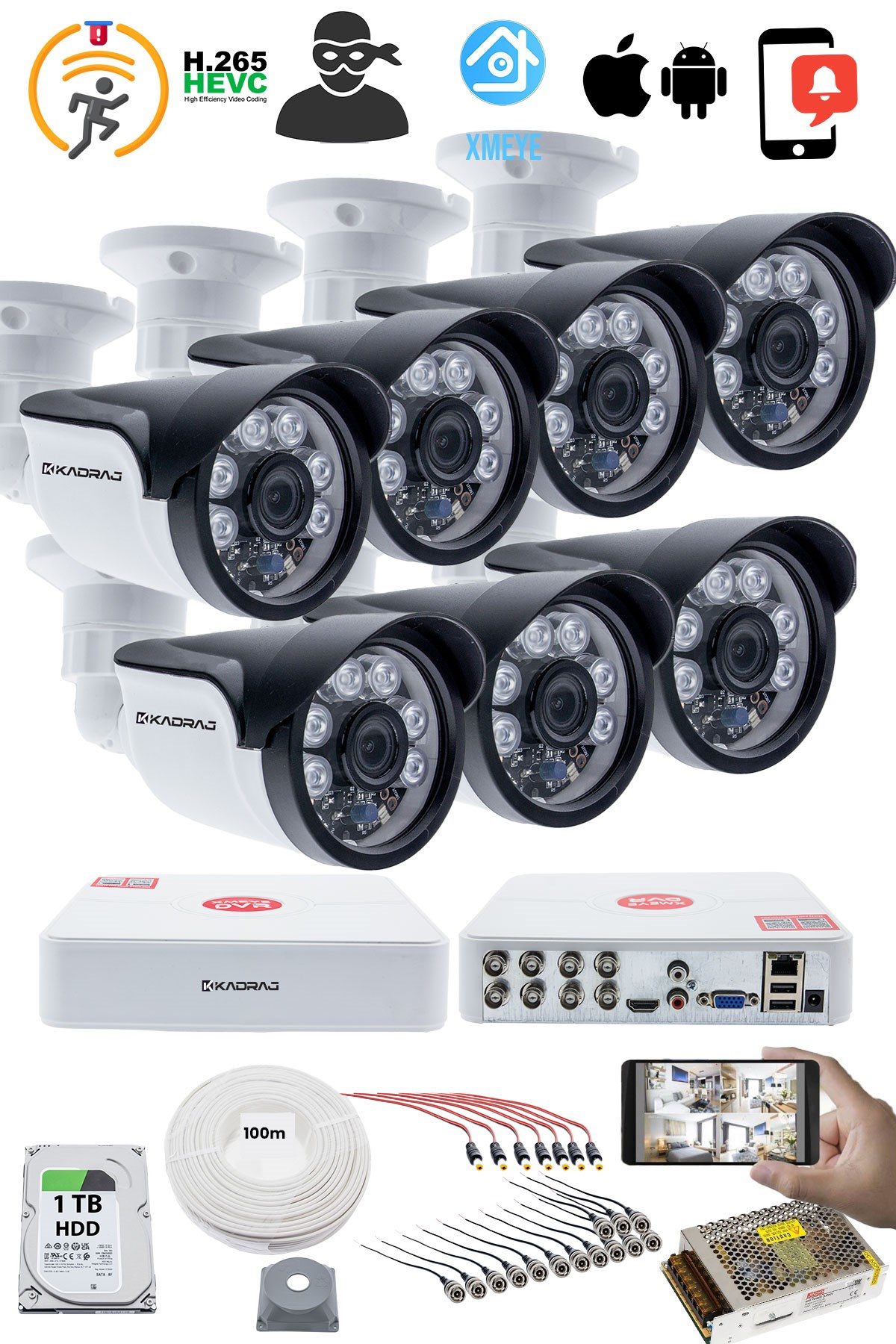 Kadraj 7'LI KAMERA SETİ - 5MP Sony SecuLensli 1080p, 6 Atom LED, Full HD AHD Güvenlik Kamerası Seti, Gece Görüşlü, IP66 Plastik Kasa,V1 - görsel 2