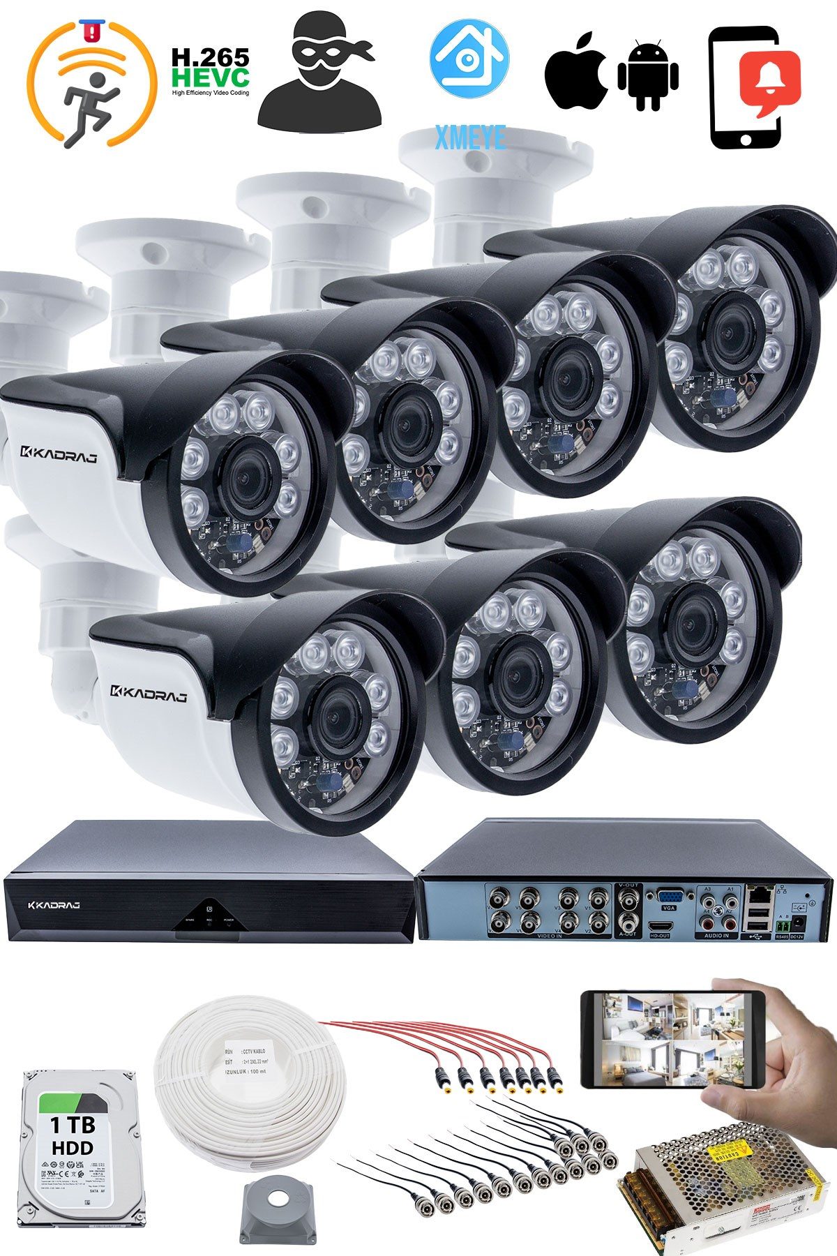 Kadraj 7'LI KAMERA SETİ - 5MP Sony SecuLensli 1080p, 6 Atom LED, Full HD AHD Güvenlik Kamerası Seti, Gece Görüşlü, IP66 Plastik Kasa - görsel 2