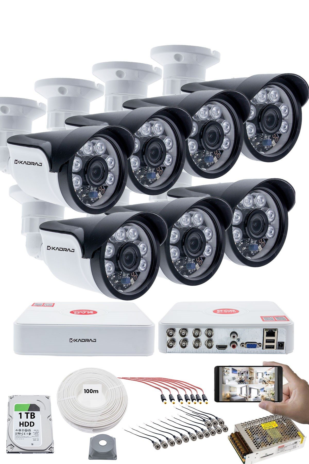 Kadraj 7'LI KAMERA SETİ - 5MP Sony SecuLensli 1080p, 6 Atom LED, Full HD AHD Güvenlik Kamerası Seti, Gece Görüşlü, IP66 Plastik Kasa,V1