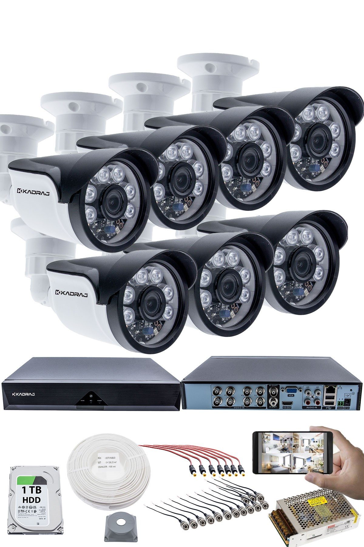 Kadraj 7'LI KAMERA SETİ - 5MP Sony SecuLensli 1080p, 6 Atom LED, Full HD AHD Güvenlik Kamerası Seti, Gece Görüşlü, IP66 Plastik Kasa