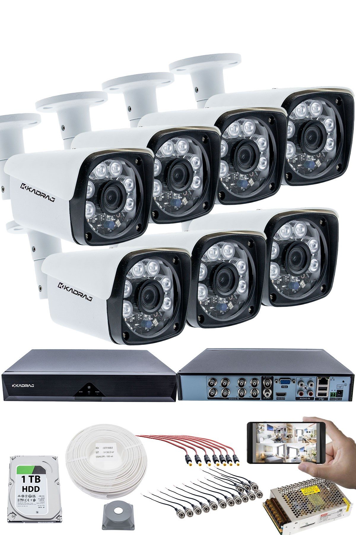 Kadraj 7'LI KAMERA SETİ - 5MP Sony SecuLensli 1080P Full HD, 6 Atom LED, AHD Güvenlik Kamerası Seti, Gece Görüşlü, Metal Kasa