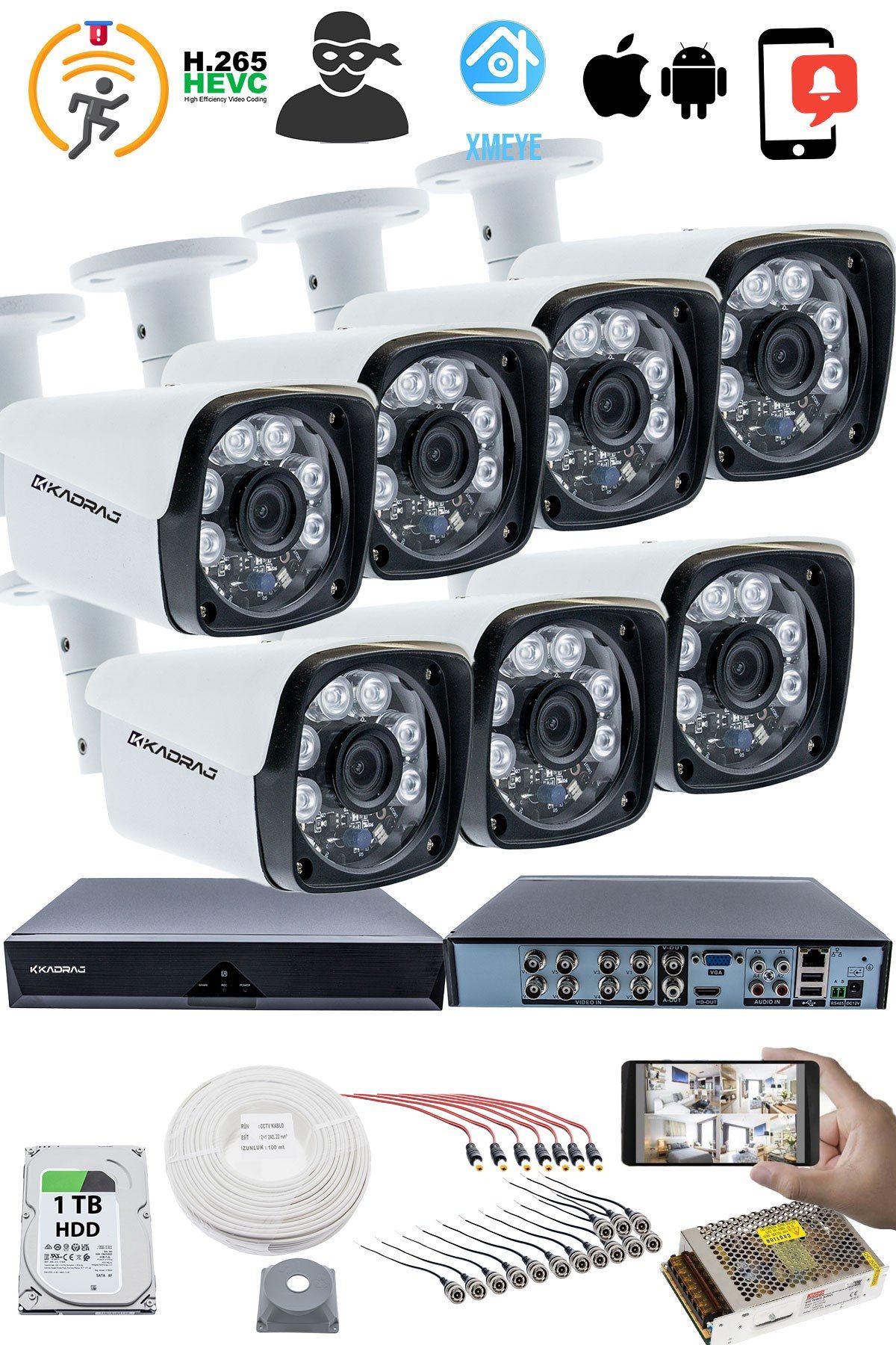 Kadraj 7'LI KAMERA SETİ - 5MP Sony SecuLensli 1080P Full HD, 6 Atom LED, AHD Güvenlik Kamerası Seti, Gece Görüşlü, Metal Kasa - görsel 2