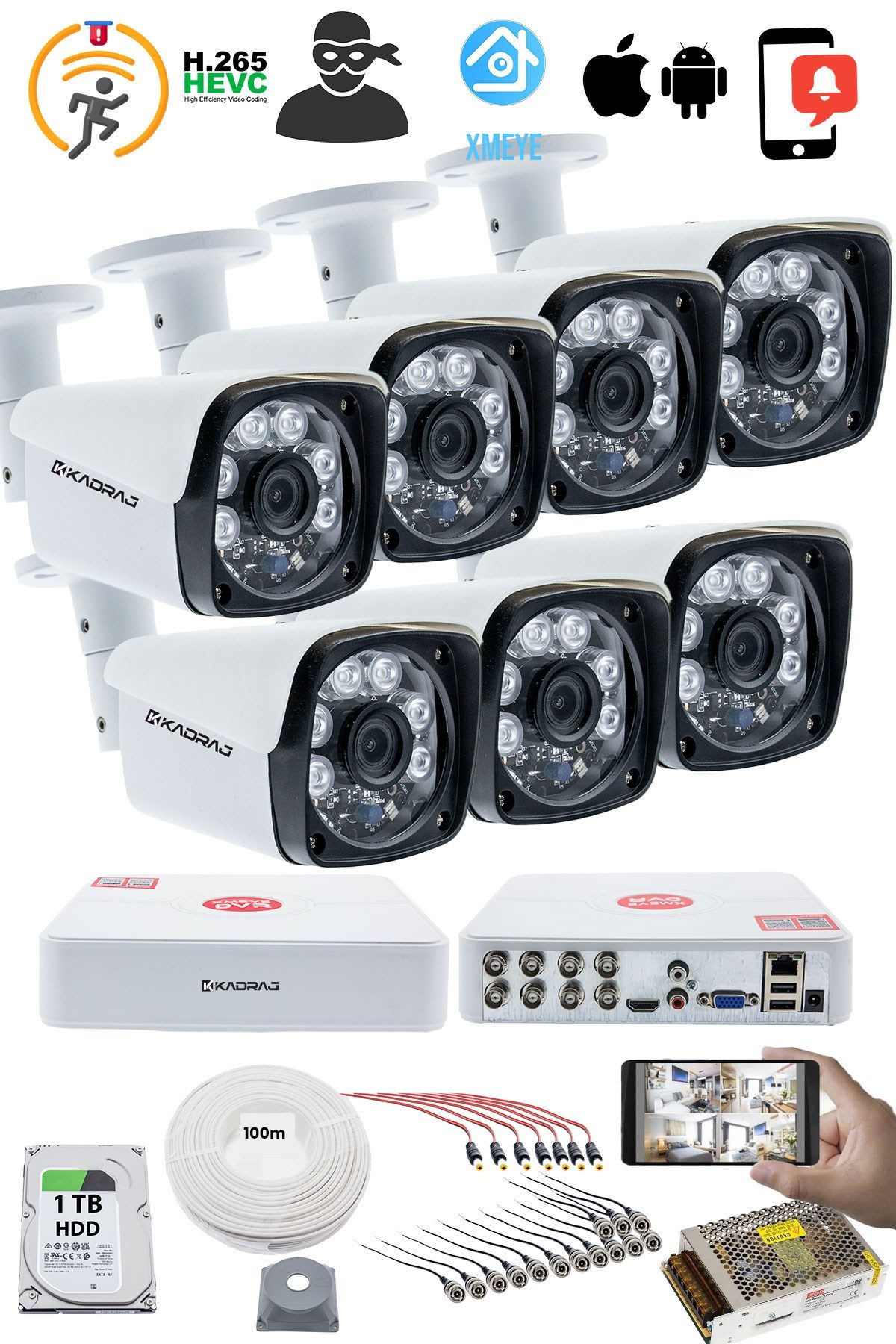 Kadraj 7'LI KAMERA SETİ - 5MP Sony SecuLensli 1080P Full HD, 6 Atom LED, AHD Güvenlik Kamerası Seti, Gece Görüşlü, Metal Kasa,V1 - görsel 2