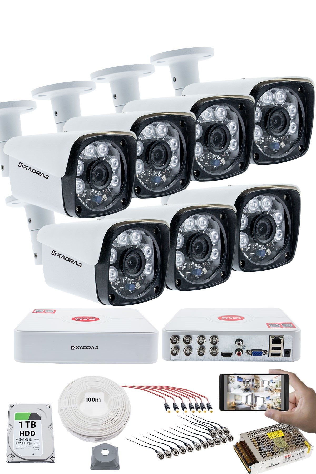 Kadraj 7'LI KAMERA SETİ - 5MP Sony SecuLensli 1080P Full HD, 6 Atom LED, AHD Güvenlik Kamerası Seti, Gece Görüşlü, Metal Kasa,V1