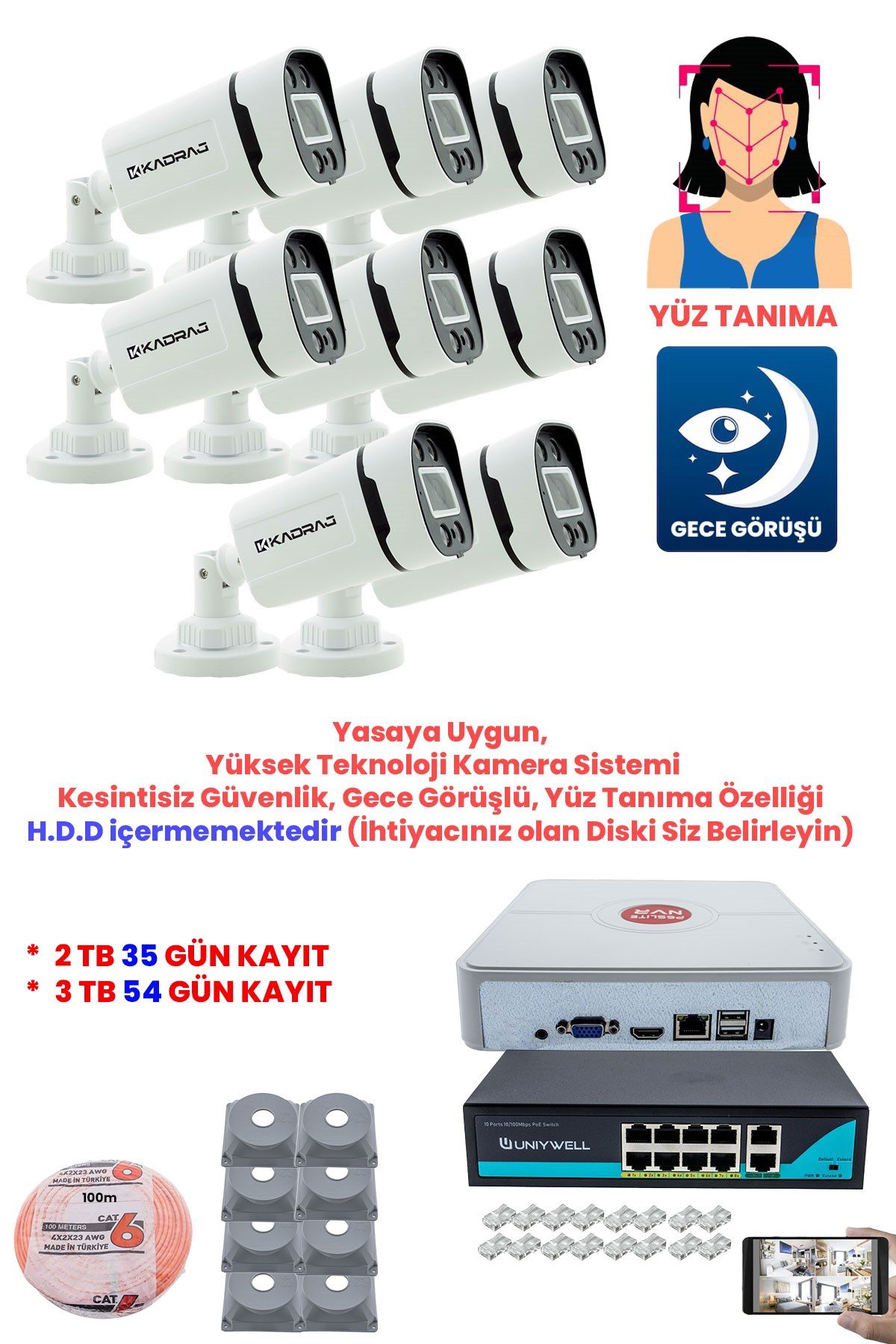 Kadraj 8 Kameralı Güvenlik IP Kamera Seti - 4MP Dış Mekan Kamera, H.265+, PoE Switch, Gece Renkli Görüş, 9 Kanal NVR, DISK (H.D.D) ICERMEZ