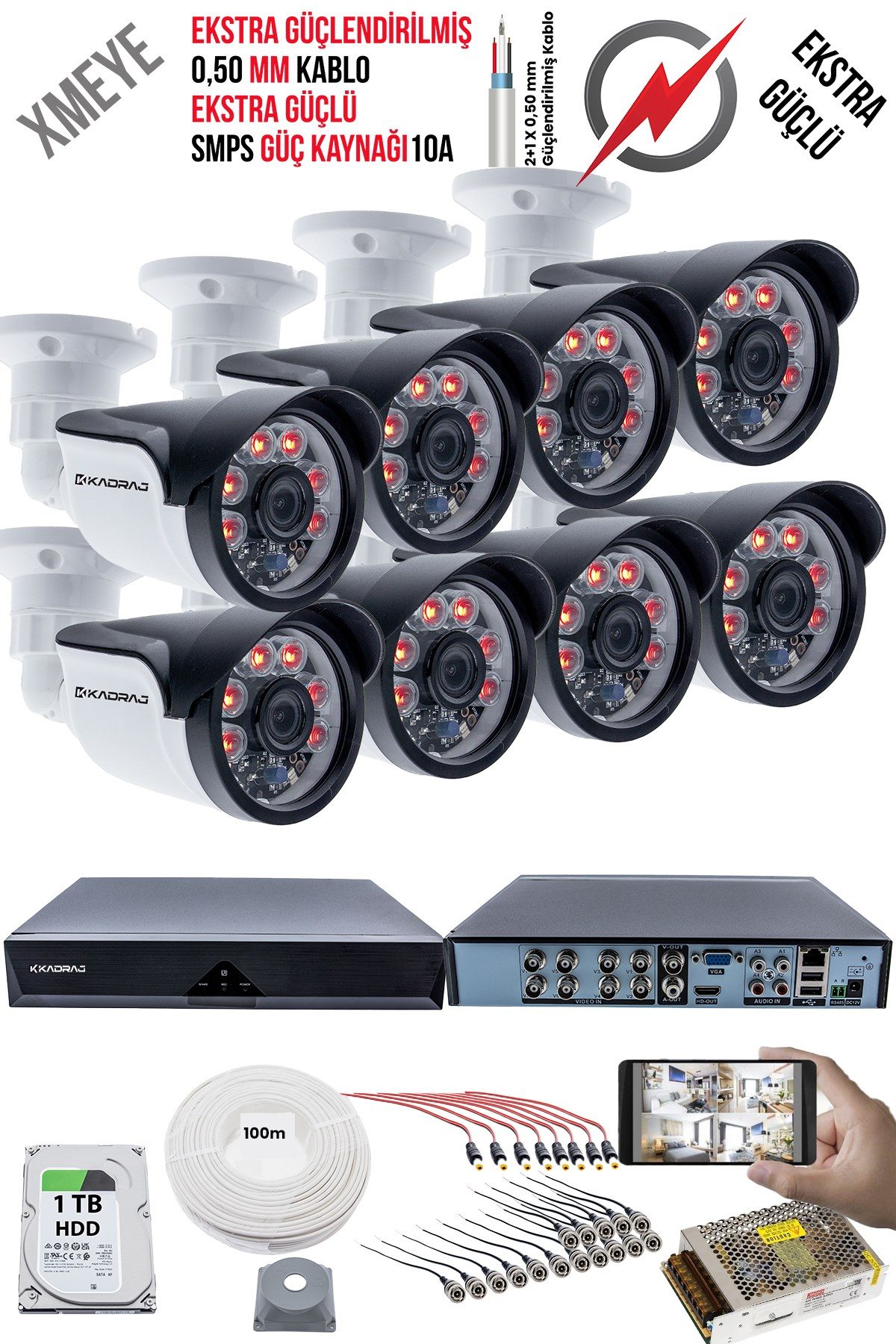 Kadraj 8 Kameralı Güvenlik Kamera Seti - Ekstra Uzun Mesafeli Güçlü, 5MP Sony Lens, 70m Dayanıklı Kablolama, 6 Atom LED, 1TB H.D.D
