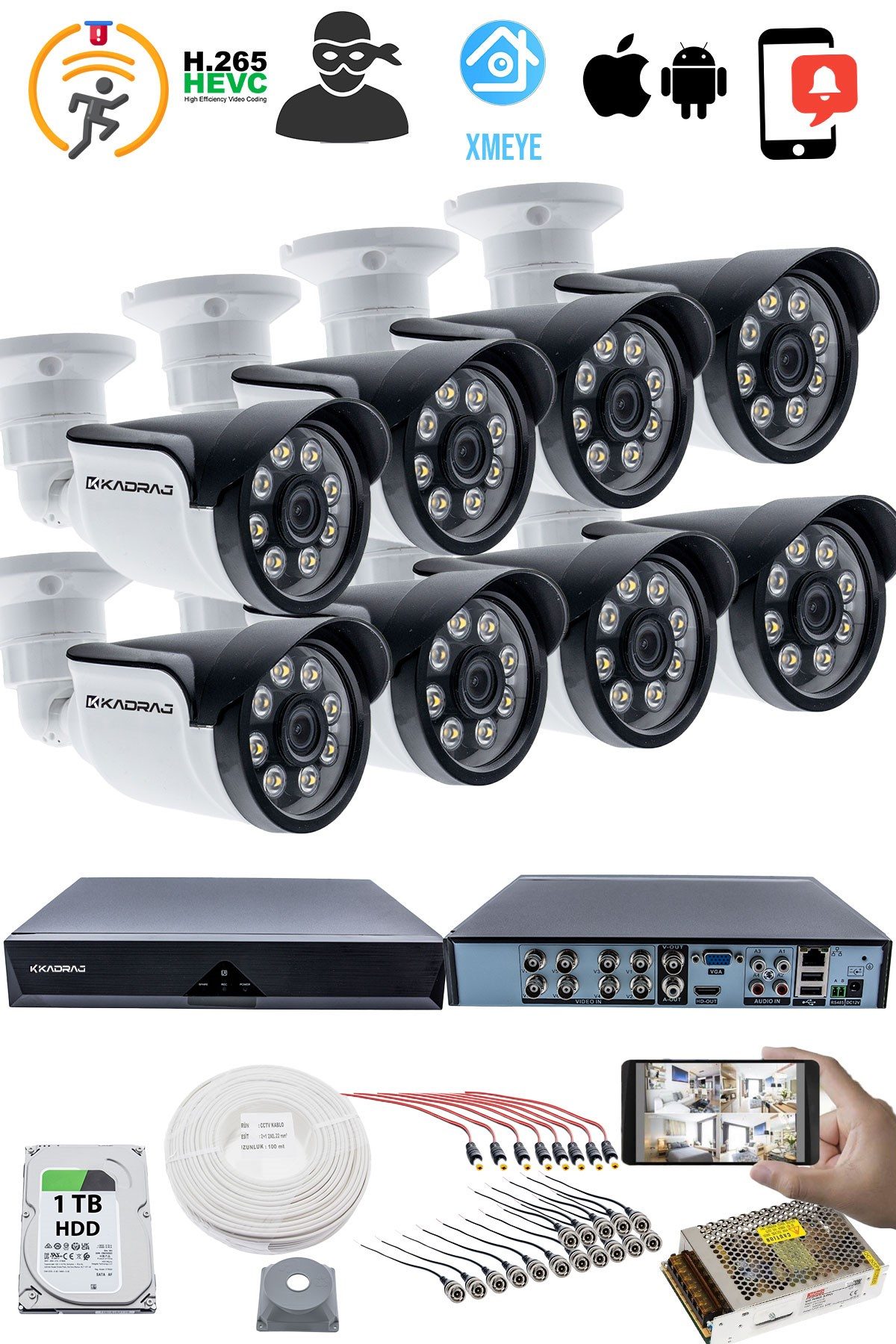 Kadraj 8 KAMERALI GÜVENLİK KAMERASI SETİ - 5MP Sony SecuLensli 1080P AHD, 8 Warm LED, Colorvu Gece Renkli Görüş, 1TB Disk - görsel 2