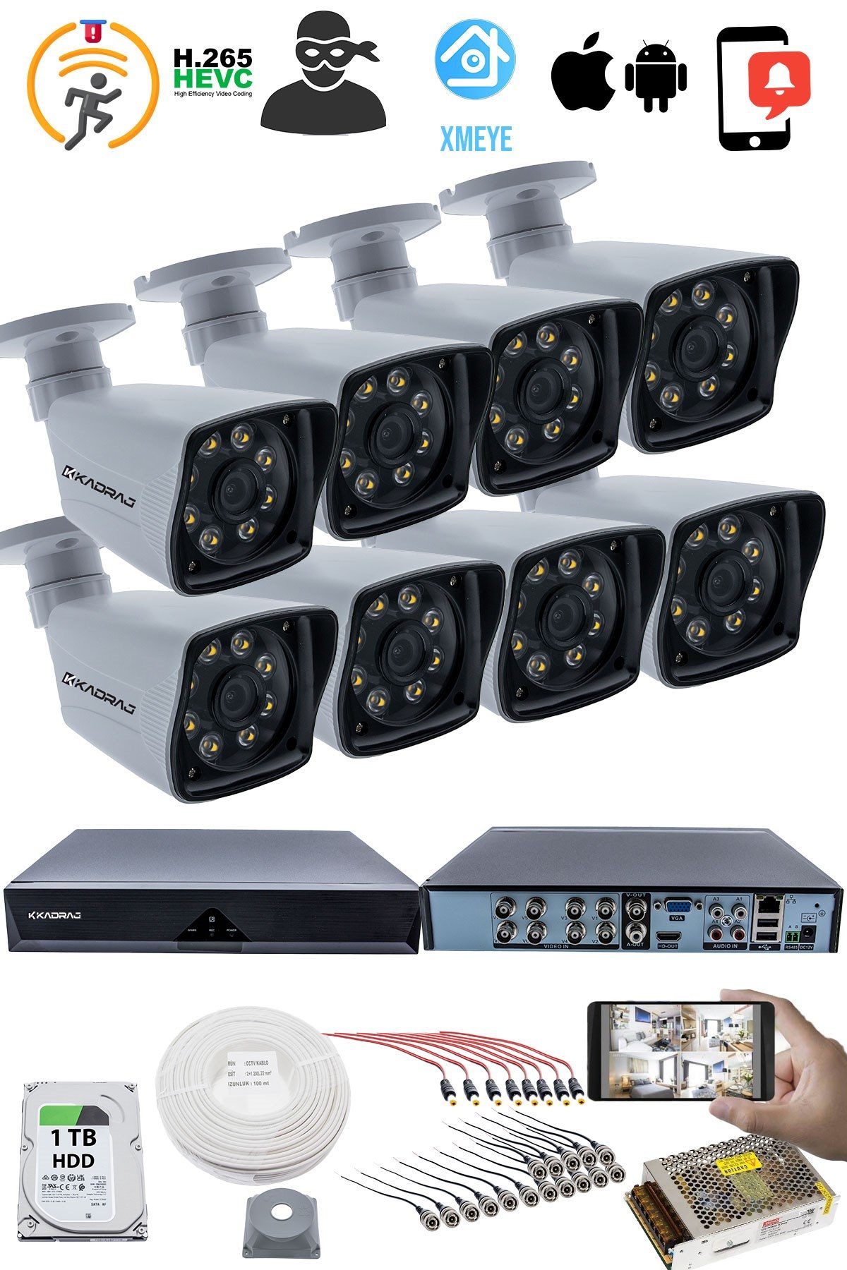 Kadraj 8 KAMERALI GÜVENLİK KAMERASI SETİ - 5MP Sony SecuLensli 1080P Full HD AHD, 8 Ultra Warm LED, Gece Renkli Görüşlü, Plastik Kasa - görsel 2