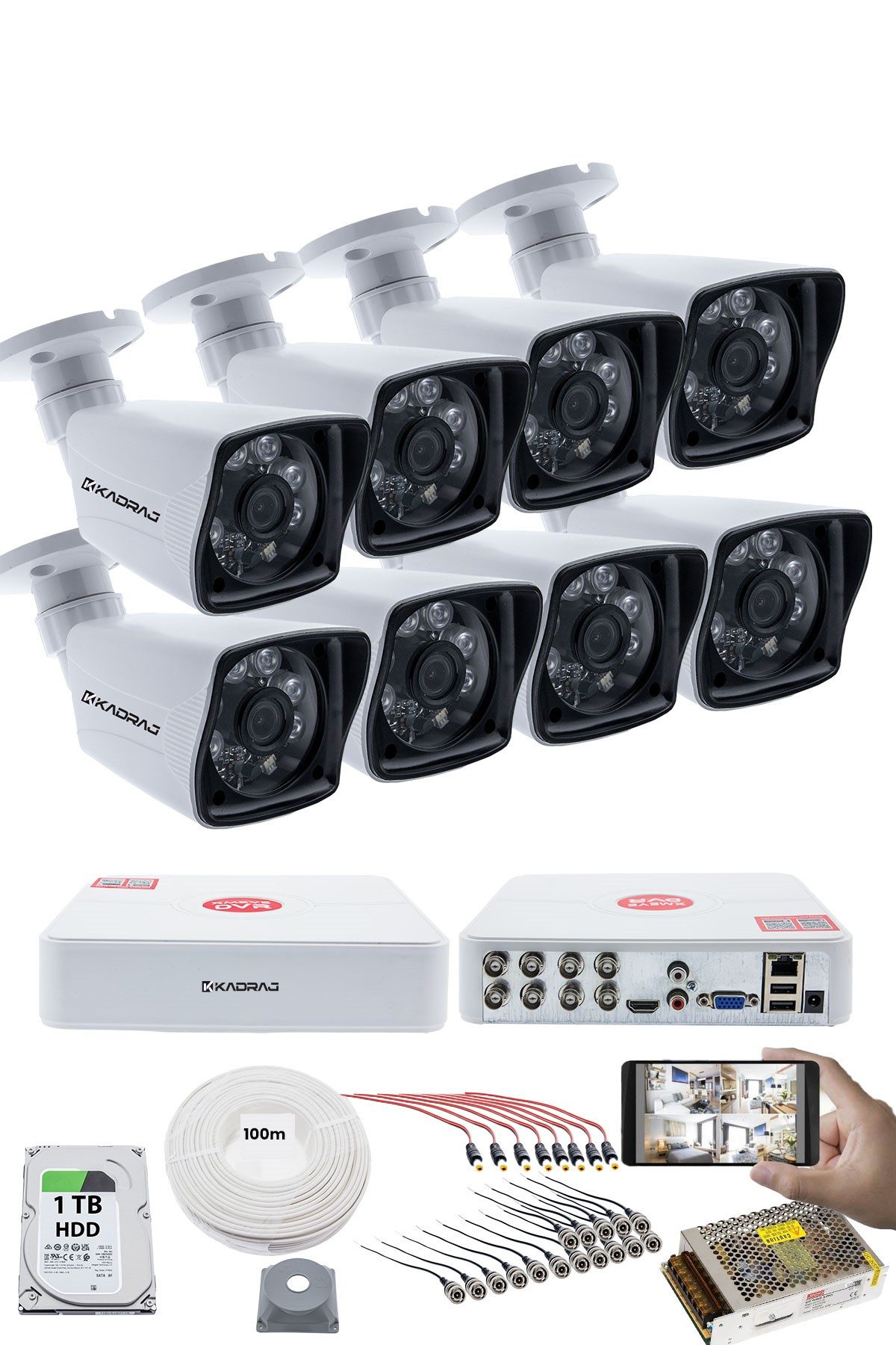 Kadraj 8 KAMERALI GÜVENLİK KAMERASI SETİ - 5MP Sony SecuLensli 1080P Full HD AHD, 6 Atom LED, Gece Görüşlü, IP66 Su Geçirmez, V1