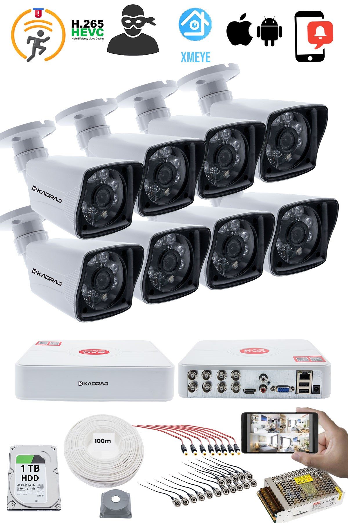 Kadraj 8 KAMERALI GÜVENLİK KAMERASI SETİ - 5MP Sony SecuLensli 1080P Full HD AHD, 6 Atom LED, Gece Görüşlü, IP66 Su Geçirmez, V1 - görsel 2