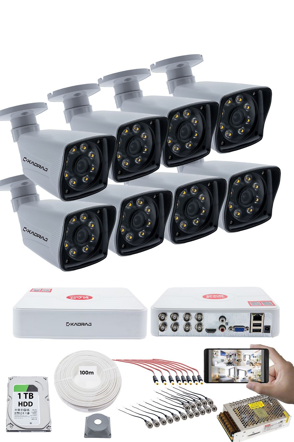 Kadraj 8 KAMERALI GÜVENLİK KAMERASI SETİ - 5MP Sony SecuLensli 1080P Full HD AHD, 8 Ultra Warm LED, Gece Renkli Görüşlü, V1