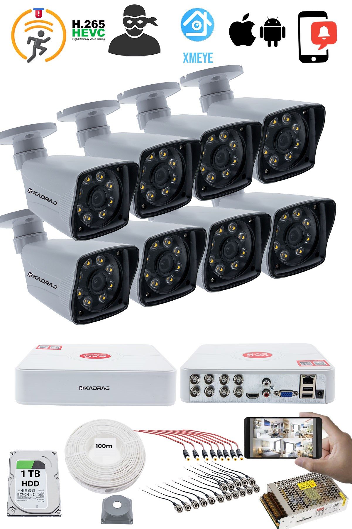Kadraj 8 KAMERALI GÜVENLİK KAMERASI SETİ - 5MP Sony SecuLensli 1080P Full HD AHD, 8 Ultra Warm LED, Gece Renkli Görüşlü, V1 - görsel 2