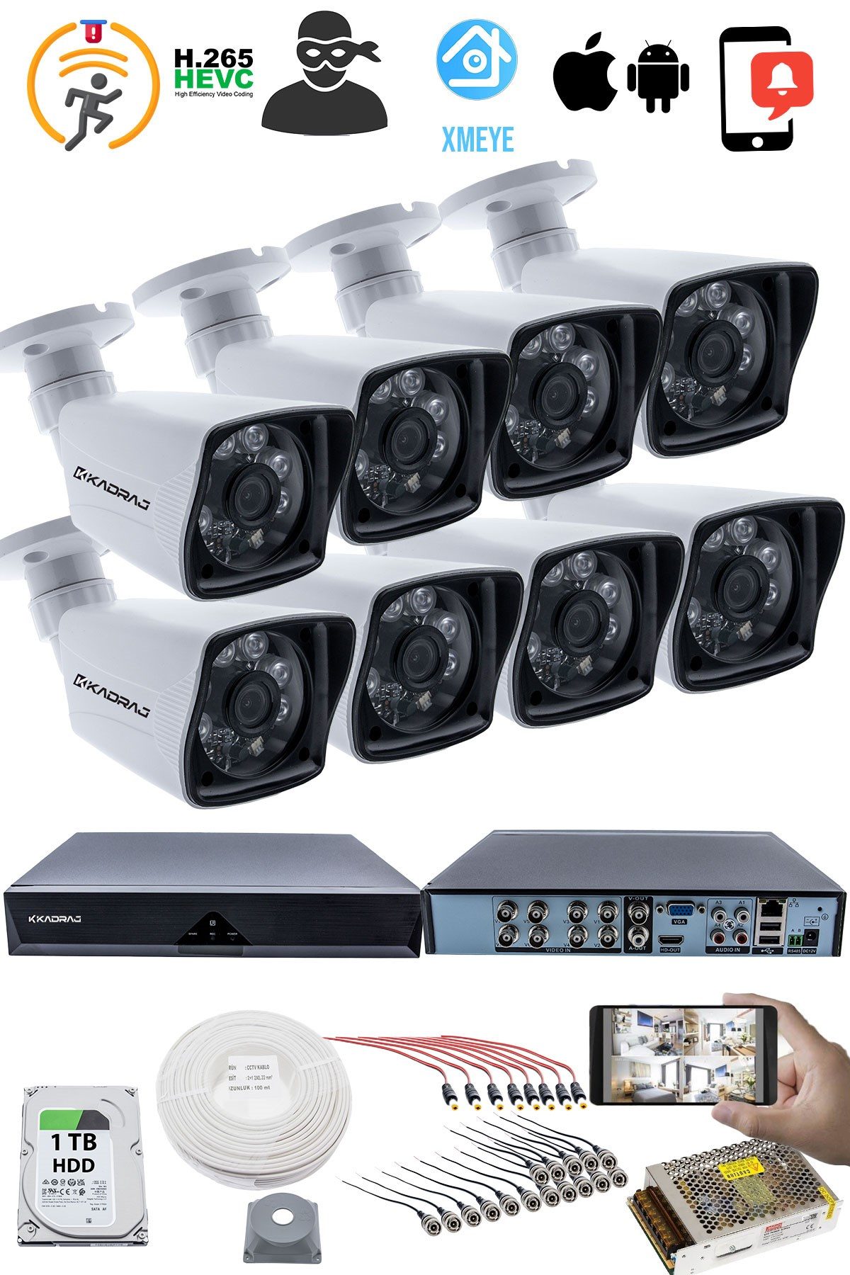 Kadraj 8 KAMERALI GÜVENLİK KAMERASI SETİ - 5MP Sony SecuLensli 1080P Full HD AHD, 6 Atom LED, Gece Görüşlü, IP66 Su Geçirmez, Plastik Kasa - görsel 2