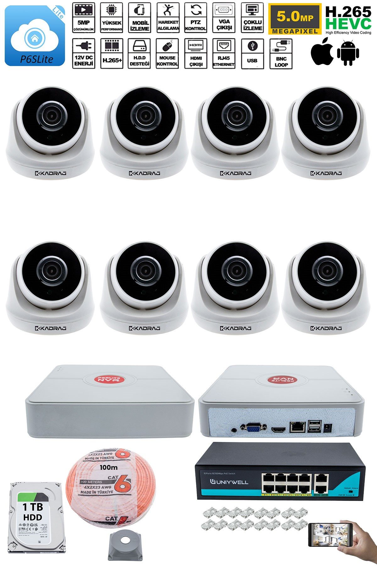 Kadraj 8 Kameralı IP Dome Güvenlik Kamerası Seti | 4MP Ultra HD, 30m Gece Görüş, Ses Alma, Uzaktan İzleme - görsel 2