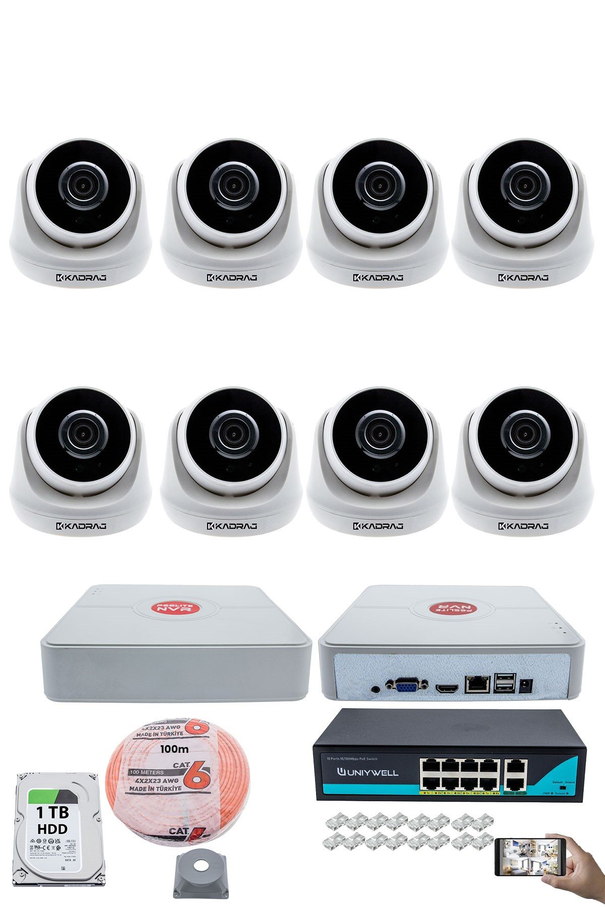Kadraj 8 Kameralı IP Dome Güvenlik Kamerası Seti | 4MP Ultra HD, 30m Gece Görüş, Ses Alma, Uzaktan İzleme