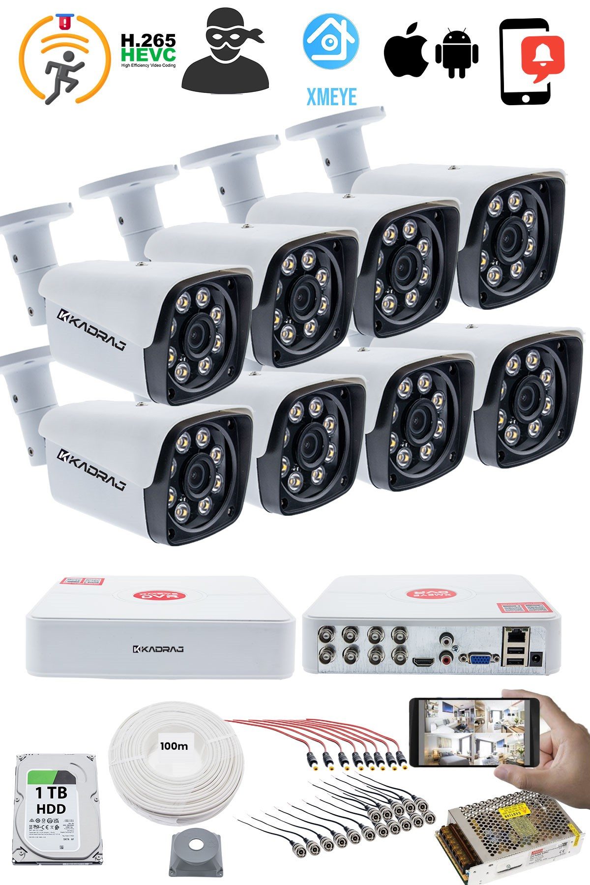 Kadraj 8'li Güvenlik Kamerası Seti - 5MP Sony SecuLensli 1080P Full HD AHD, 8 Ultra Warm LED, Gece Görüşlü, ColorVu Teknolojisi, Metal Kasa, Yüz Tanıma,V1 - görsel 2