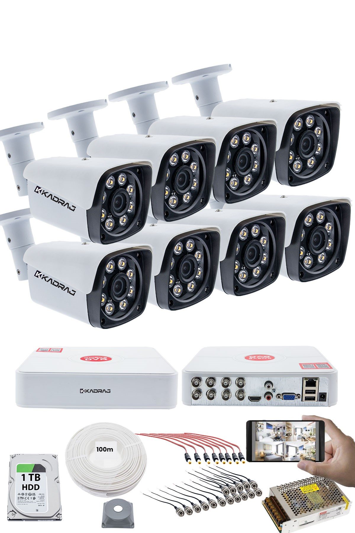 Kadraj 8'li Güvenlik Kamerası Seti - 5MP Sony SecuLensli 1080P Full HD AHD, 8 Ultra Warm LED, Gece Görüşlü, ColorVu Teknolojisi, Metal Kasa, Yüz Tanıma,V1